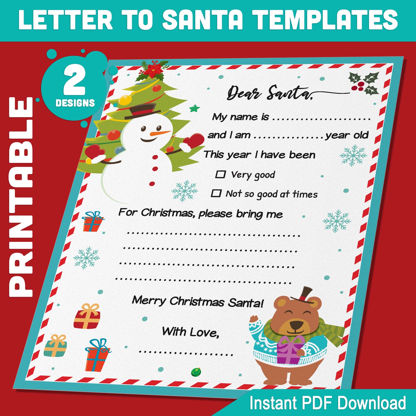 Christmas Letter to Santa: 2 Fun Fill-in-the-Blank Templates for Kids, 8.5x11", Perfect Holiday Activity, Ready to Print, Instant PDF Download