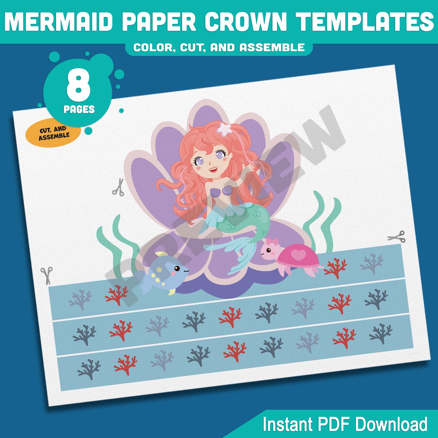 Mermaid Paper Crown, Hat, and Headband Craft for Kids – Fun Printable Designs in Color & Black and White, Instant 8-Page PDF Download