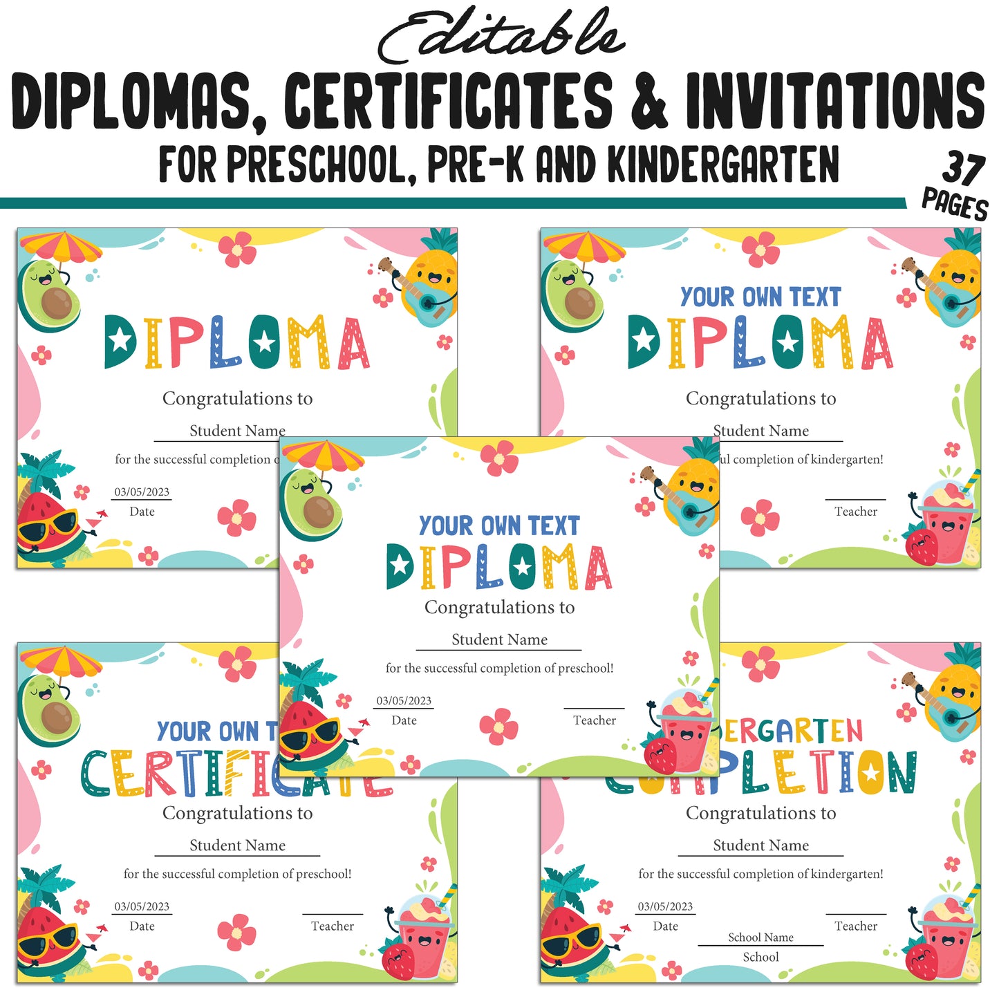 37 Summer-Themed Pre-K, Kindergarten, and Preschool Diplomas, Certificates, and Invitation Templates (PDF) - Instant Download