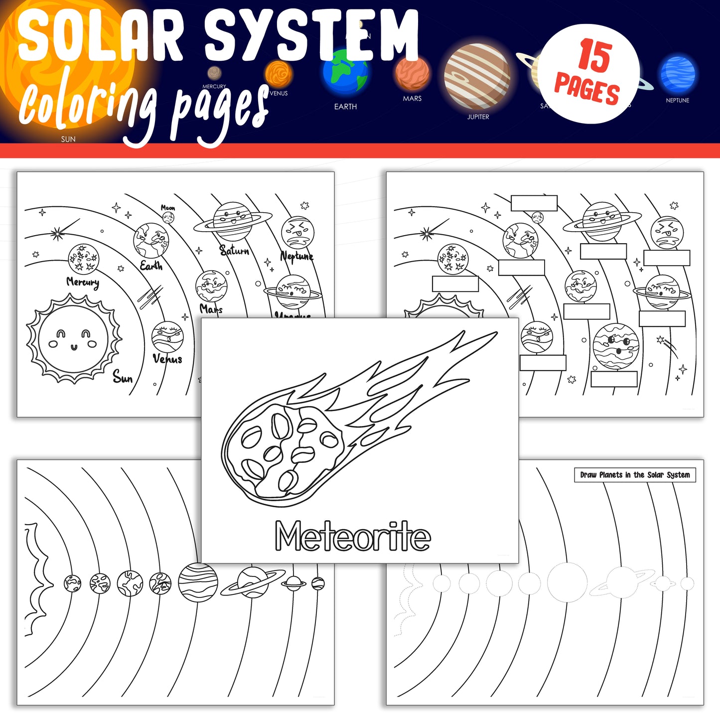 Solar System Coloring Pages: Color, Draw, and Name the Planets in the Solar System - 15 High-Resolution Pages, Instant PDF Download
