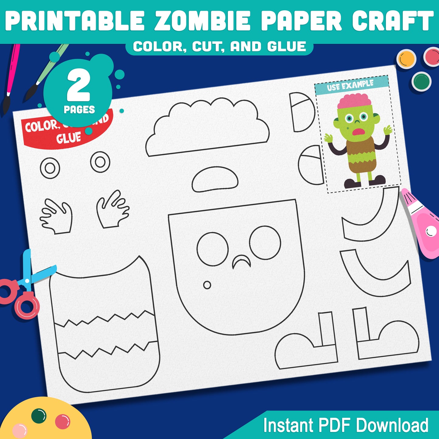Printable Zombie Paper Craft for Kids – Fun Color, Cut & Glue Activity for Preschool, Pre-K, Kindergarten, Includes Pre-Colored & Black & White