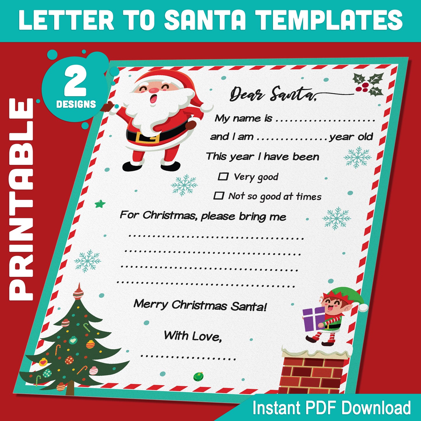 Christmas Letter to Santa Printable: 2 Fill-in-the-Blank Designs, 8.5x11 Inches, Perfect for Boys and Girls, Fun Holiday Activity, Instant PDF Download