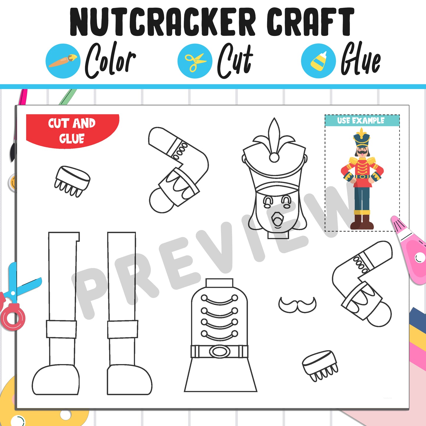 Cute Nutcracker Craft : Color, Cut, and Glue, a Fun Activity for Pre K to 2nd Grade, PDF Instant Download
