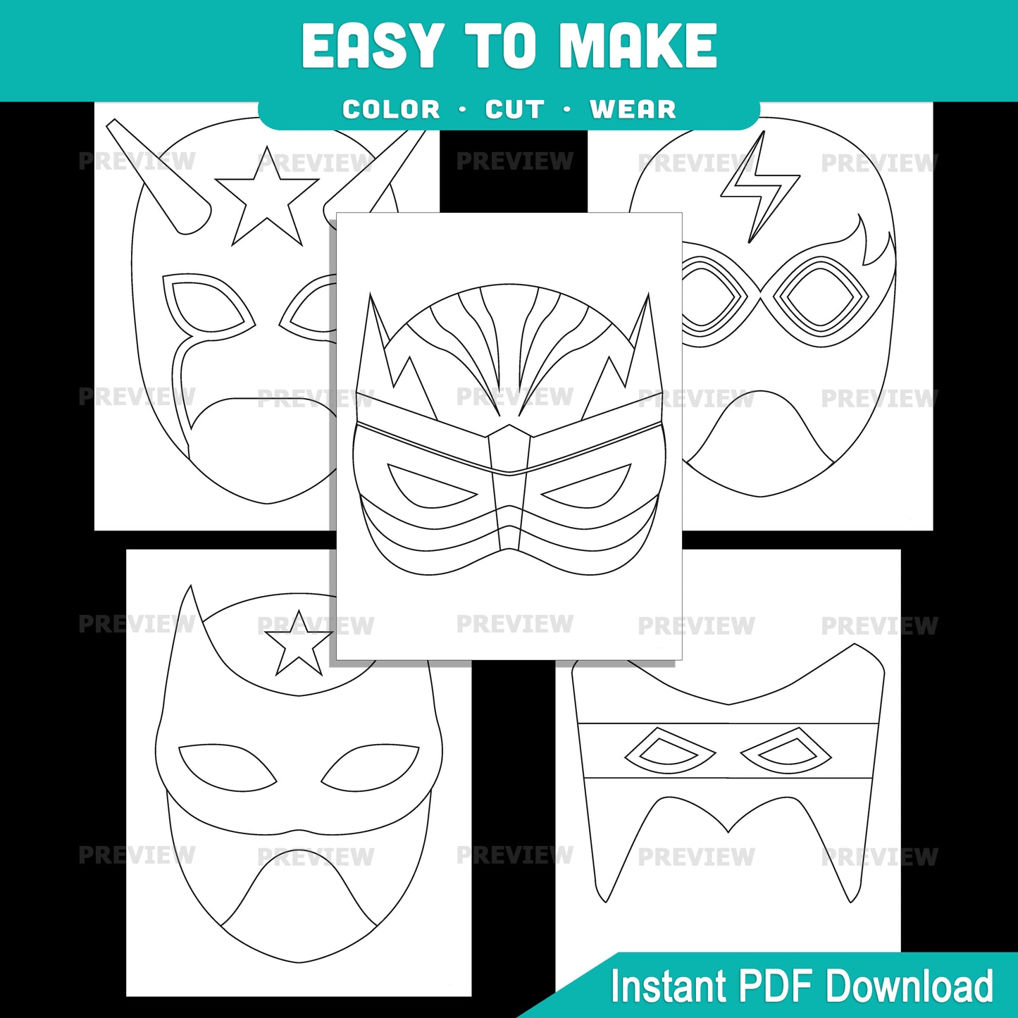 Superhero Mask Coloring Pages, Color Your Own Printable Masks Craft, Printable Coloring and Wear Activity, 10 Fun Designs, PDF, US Letter, A4