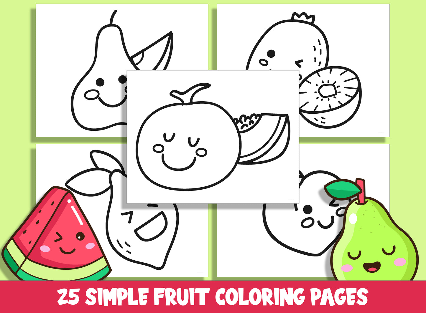 25 Cute and Simple Fruit Coloring Pages, Large Size, Thick Border, Perfect for Preschool & Kindergarten, PDF File, Instant Download