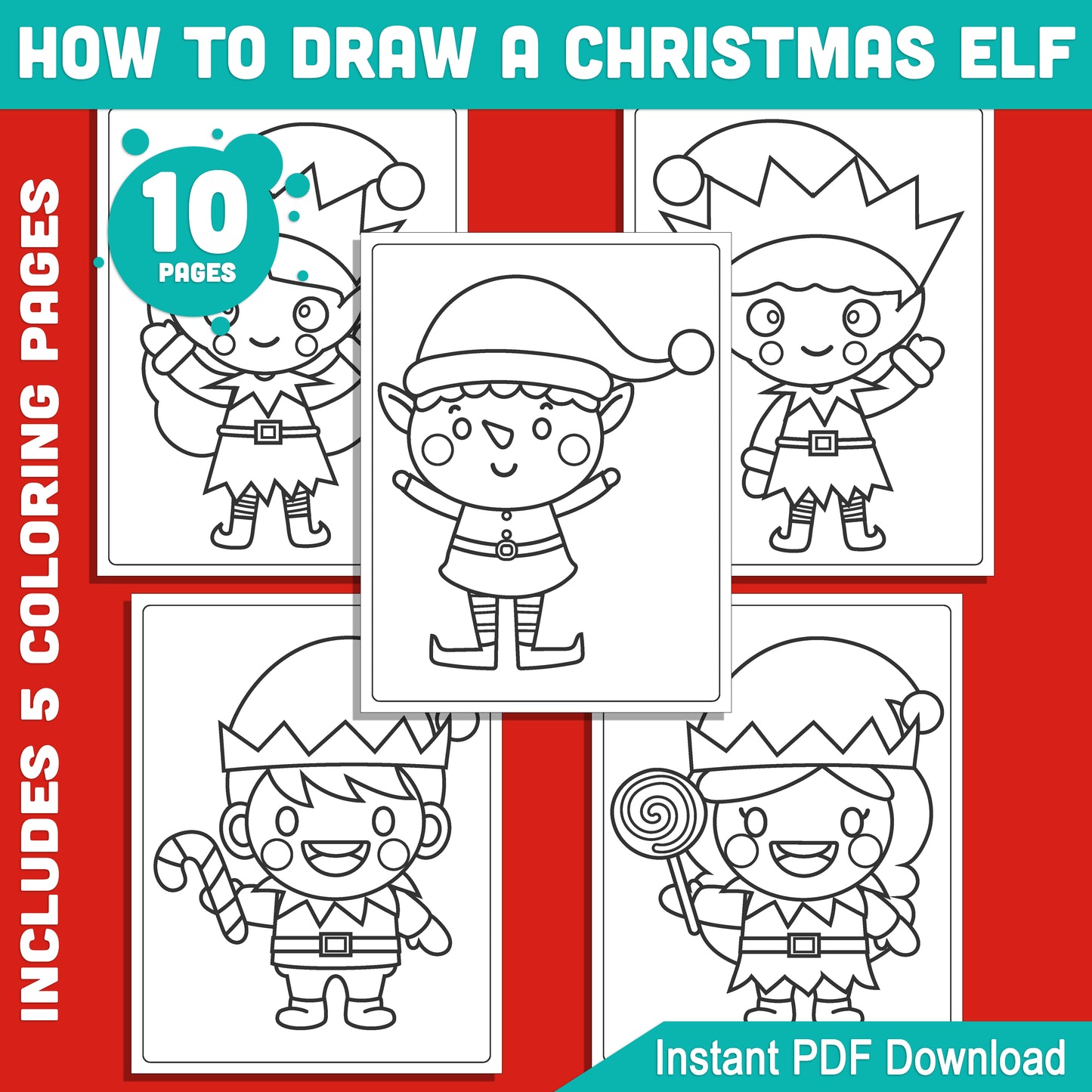 Step-by-Step Guide to Drawing a Christmas Elf for Kids: 5-Page Tutorial with 5 Fun Holiday Coloring Pages, Christmas Art Activity, Printable PDF Download