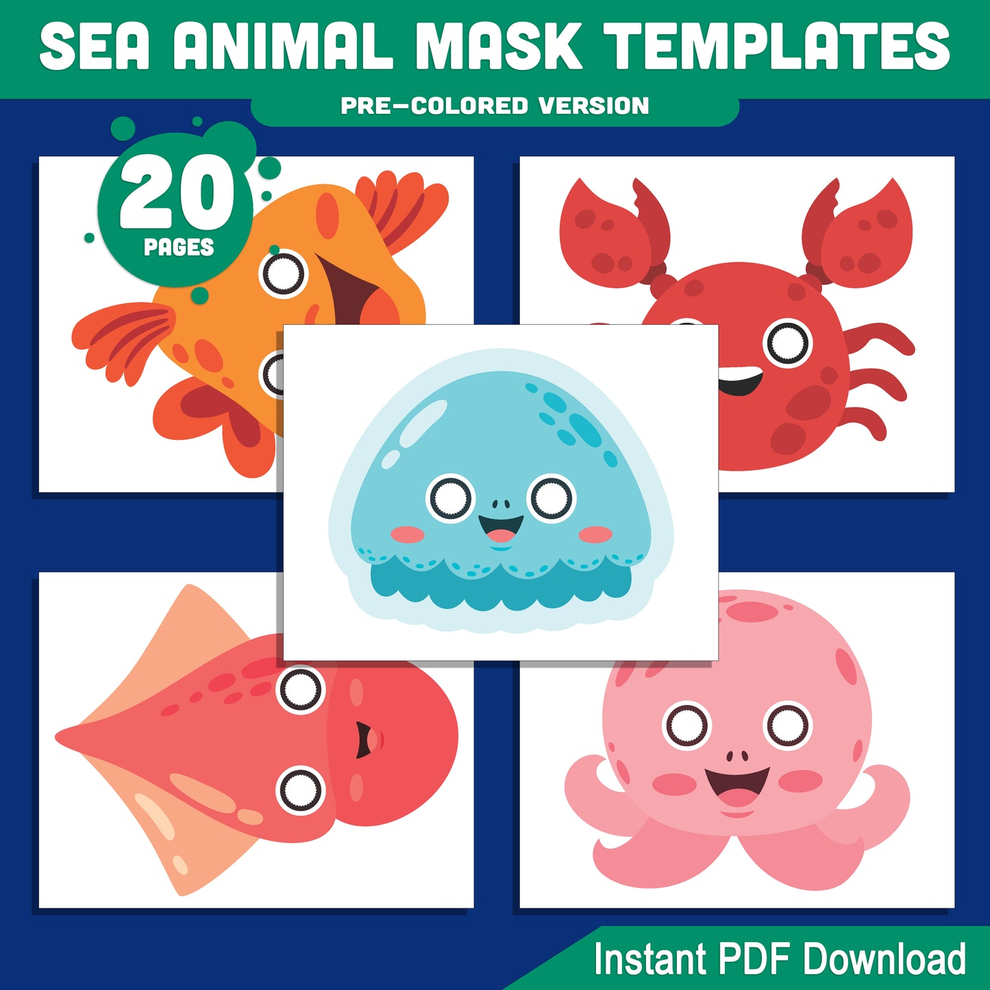 Ocean Animal Mask Templates: 20 DIY Craft Pages for Kids, Pre-Colored & Black & White, Featuring Shark, Whale, Fish, Octopus & More!