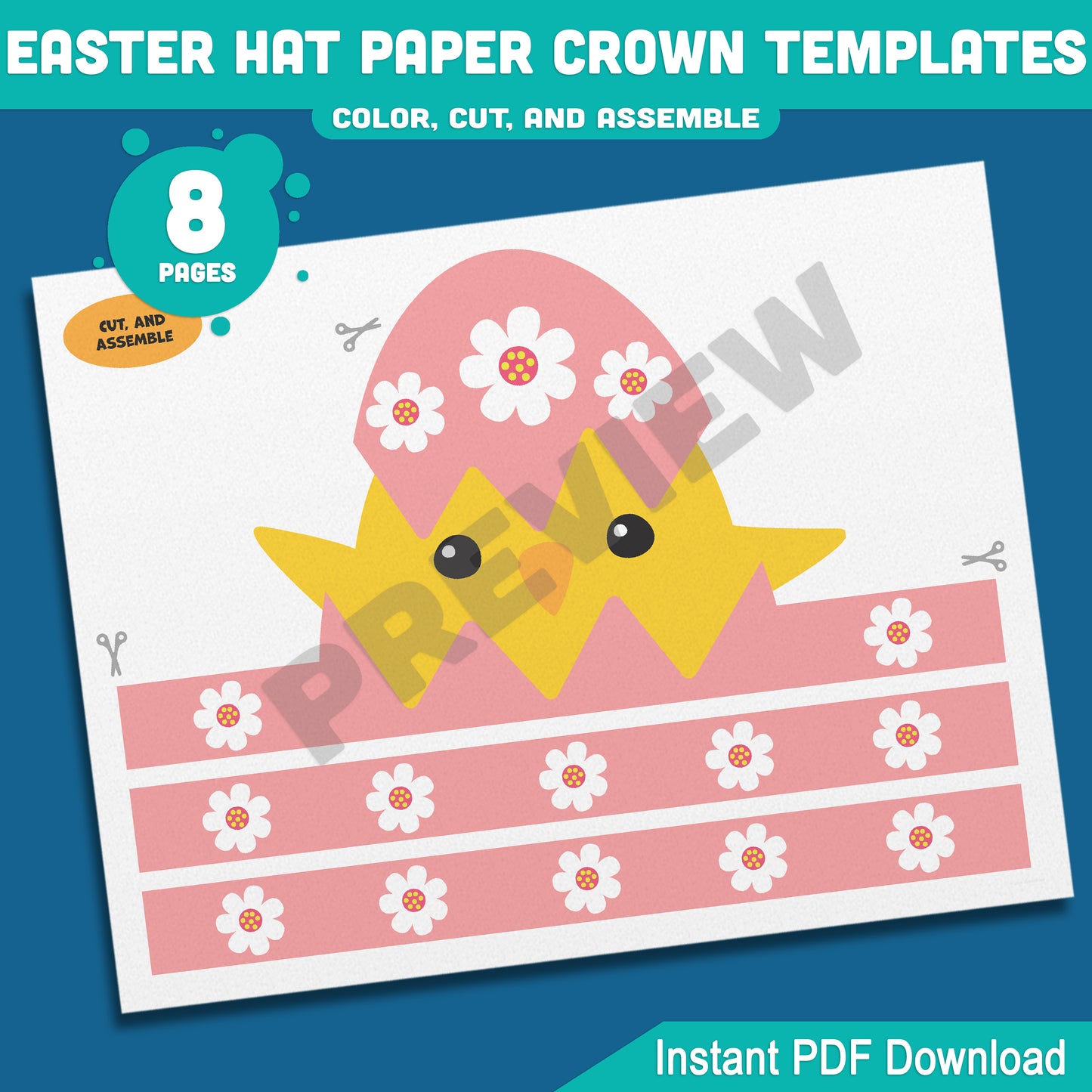 DIY Easter Hat Paper Crown, 8-Page Printable Kids Craft with 4 Fun Headband Designs, Bunny & Chick Theme, Pre-Colored & Coloring Options.