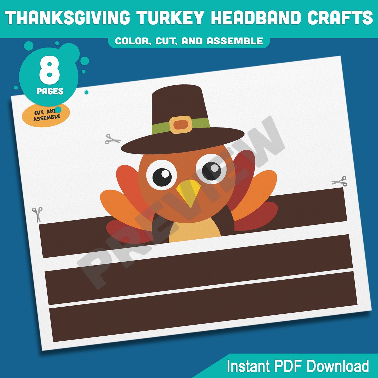 Printable Thanksgiving Turkey Headband Crafts, Fall Paper Crown Hat for Kids, Color, Cut & Wear Autumn Activity, 5 Turkey Designs, Pre-colored + Black & White, PDF