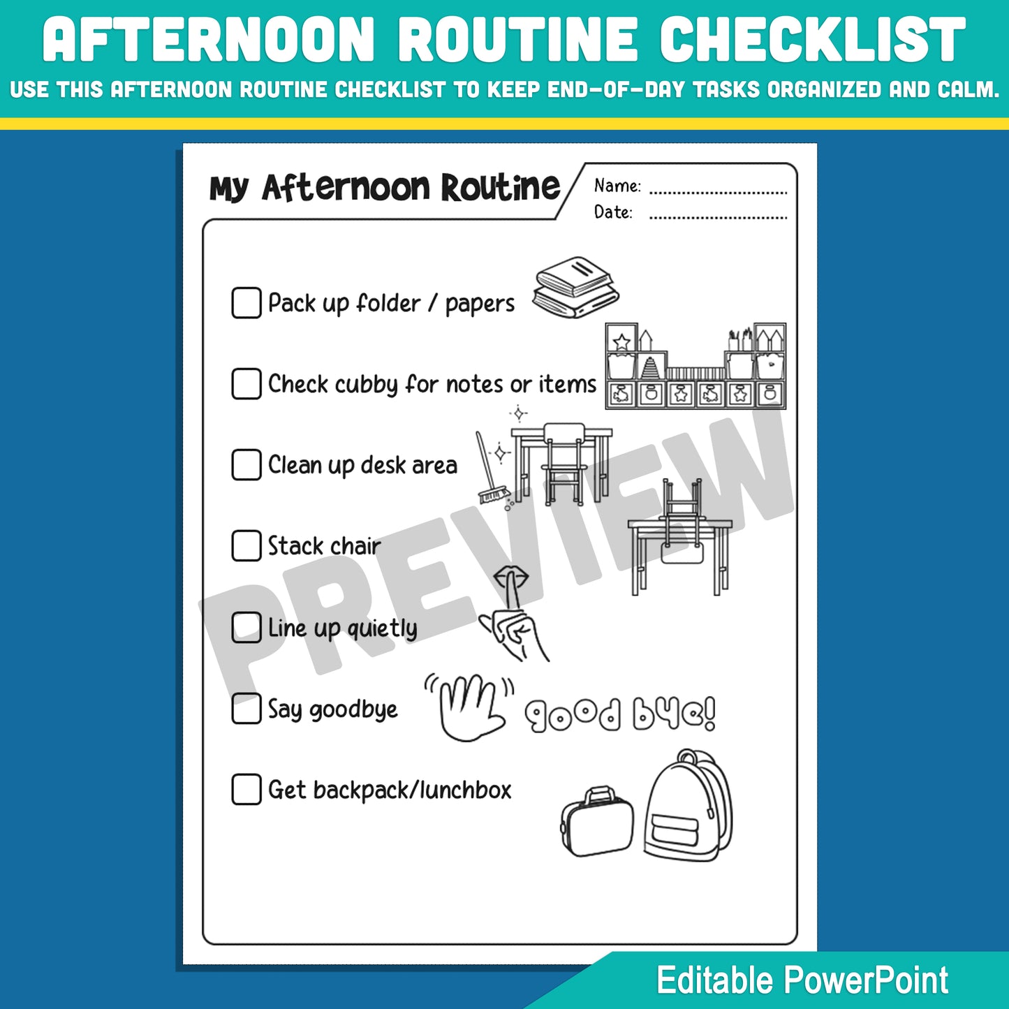 Editable Morning and Afternoon Routine Checklist – Custom Task Charts for Individual Students, PowerPoint, Visual Daily Organizer, 2 Pages