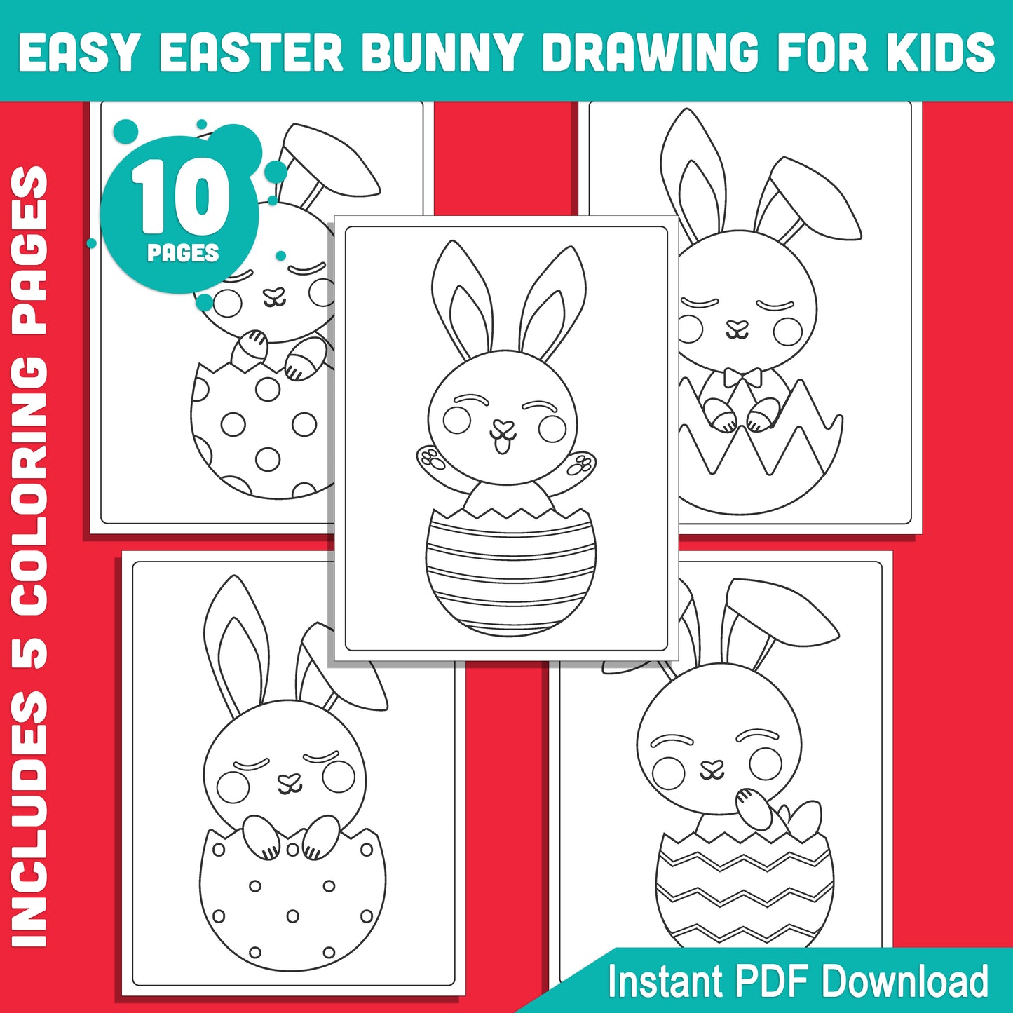 Learn to Draw an Easter Bunny: 5-Page Step-by-Step Tutorial and 5 Coloring Pages, Fun Art Activity for Easter and Spring, Instant PDF Download