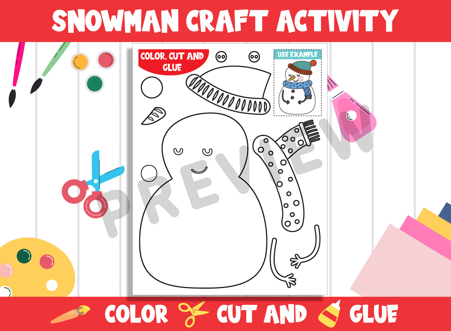 Simple Snowman & Christmas Craft Activity - Color, Cut, and Glue for PreK to 2nd