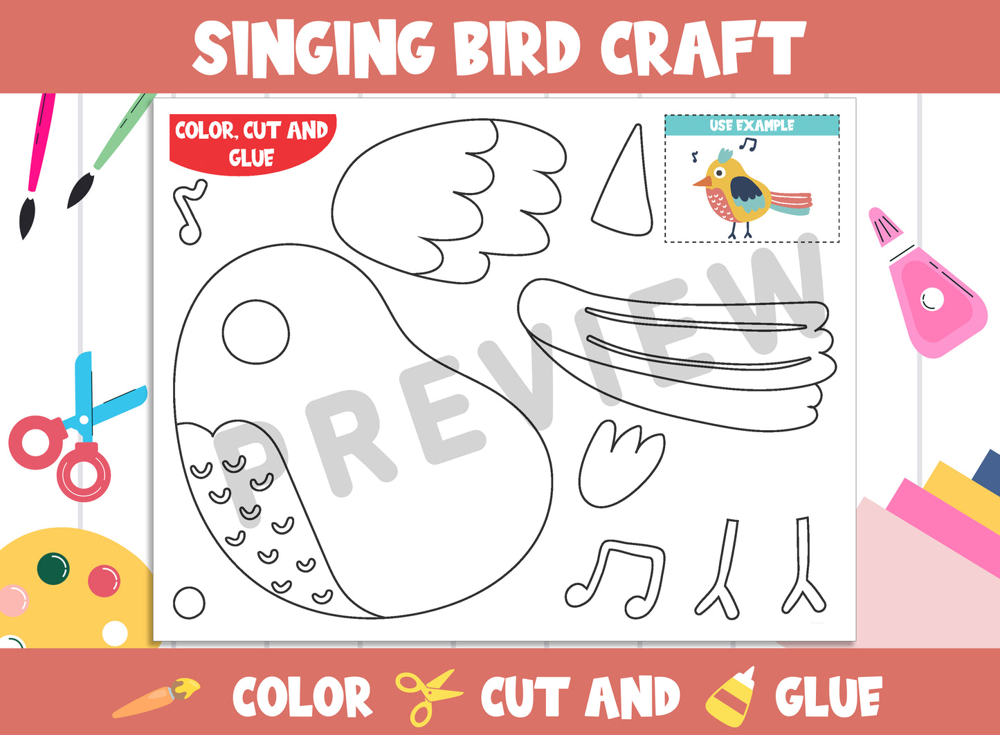 Singing Bird - Spring Craft Activity : Color, Cut, and Glue for PreK to 2nd Grade, PDF File, Instant Download