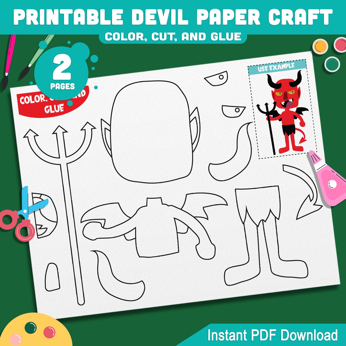 Printable Devil Paper Craft for Kids, Easy Halloween Cut and Glue Project, Preschool, Pre-K, Kindergarten, Fall Classroom Craft, 2 Pages PDF