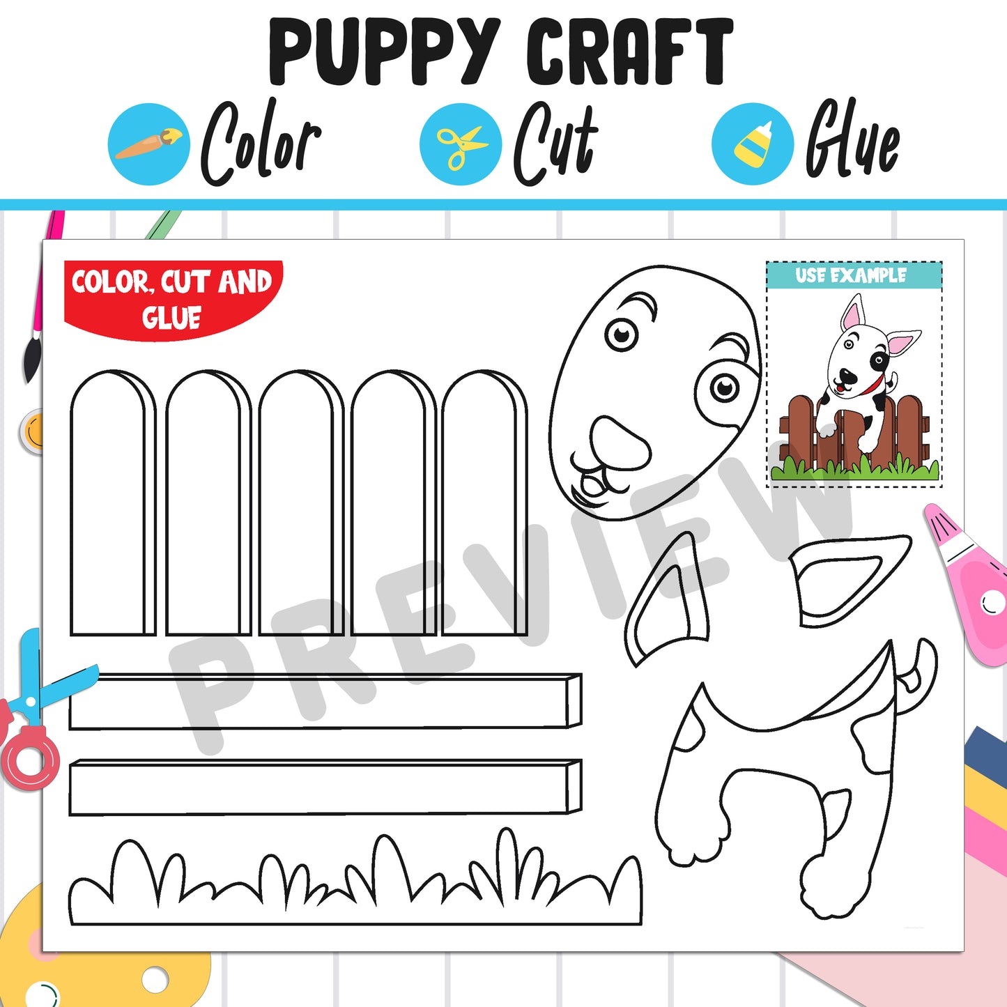 Cute Puppy Craft : Color, Cut, and Glue, a Fun Activity for Pre K to 2nd Grade, PDF Instant Download
