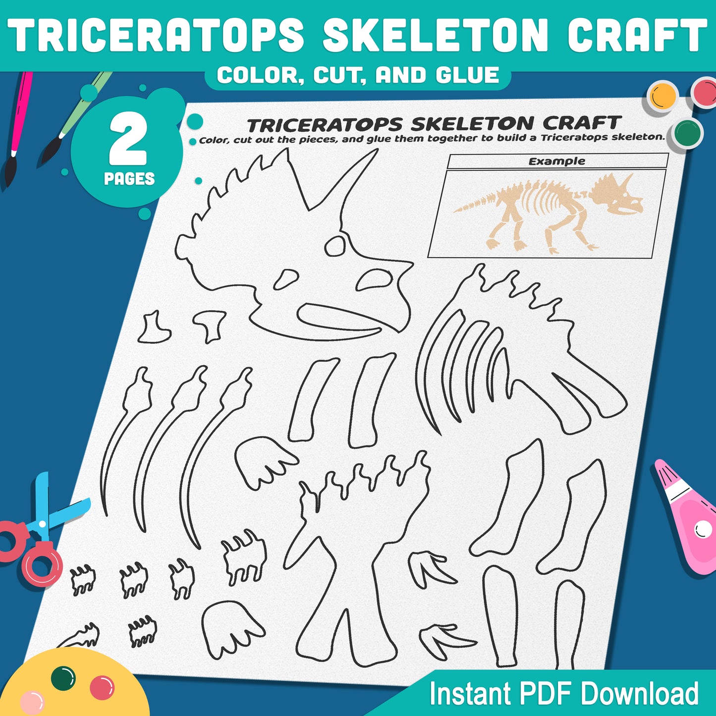 Triceratops Skeleton Craft, Dinosaur Cut and Paste Activity, Printable Pre-Colored & Black and White, US Letter, A4 PDF