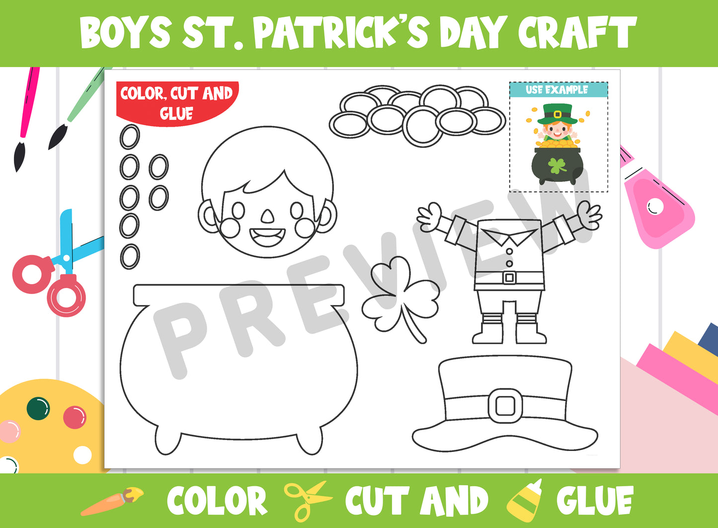 Boys St. Patrick's Day Craft Activity : Color, Cut, and Glue for PreK to 2nd Grade, PDF File, Instant Download