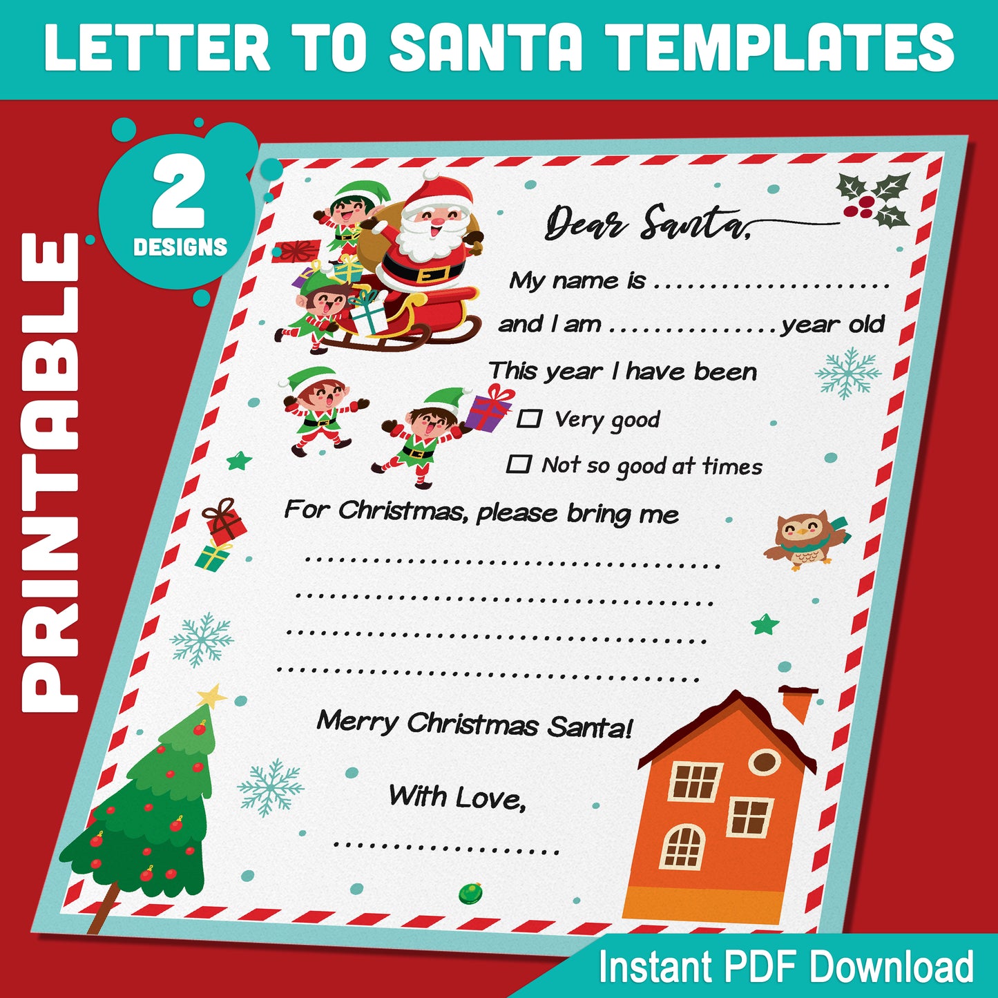 Christmas Letter to Santa: 2 Easy Fill-in-the-Blank Designs for Kids, 8.5x11", Festive Holiday Activity, Instant PDF Download, Ready to Print