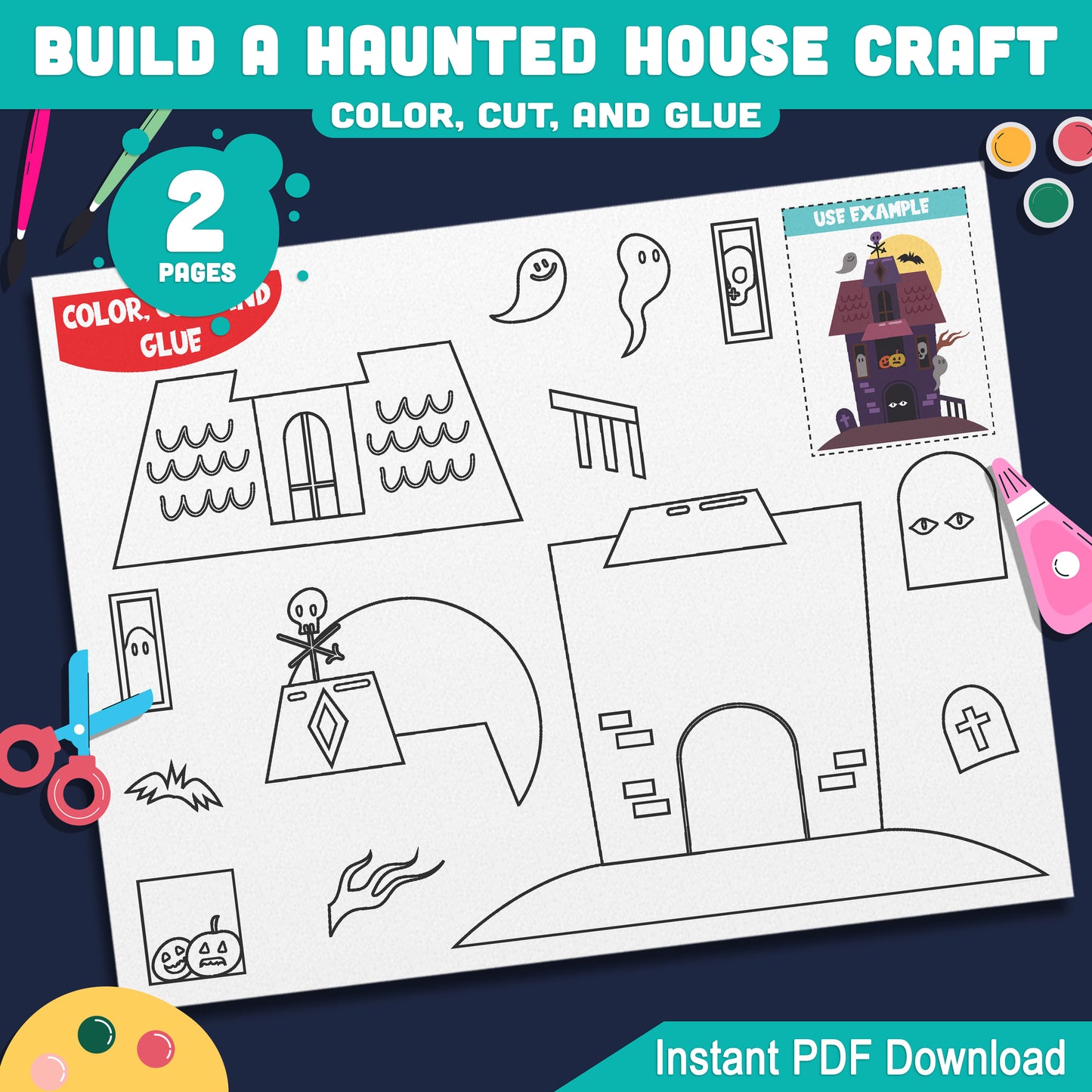 Halloween Build a Haunted House Craft, Printable Color, Cut and Glue Activity for Kids, Perfect for Fall Bulletin Boards, Pre-Colored + Black & White