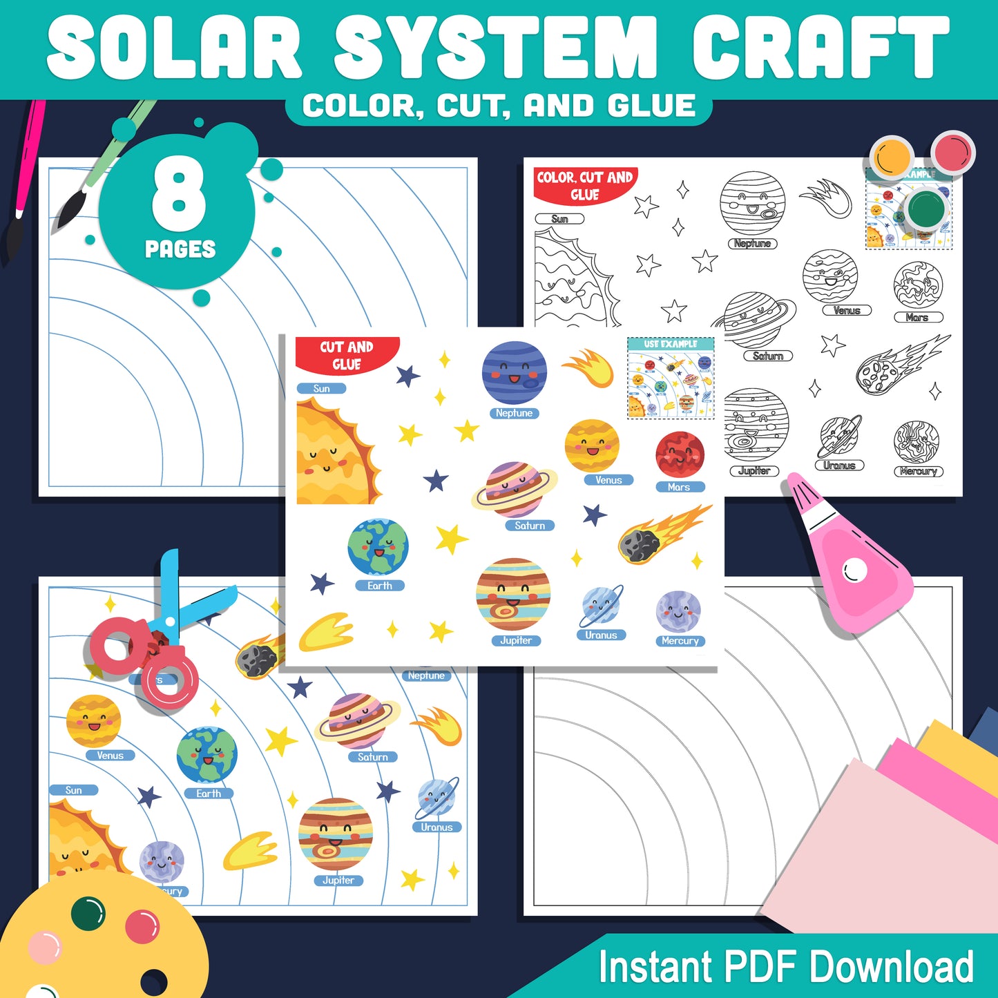 Solar System Printable Craft: 8 Pages of Cut, Color & Learn Fun, Includes Planet Name Writing Worksheets, Pre-Colored & Black & White, PDF Download