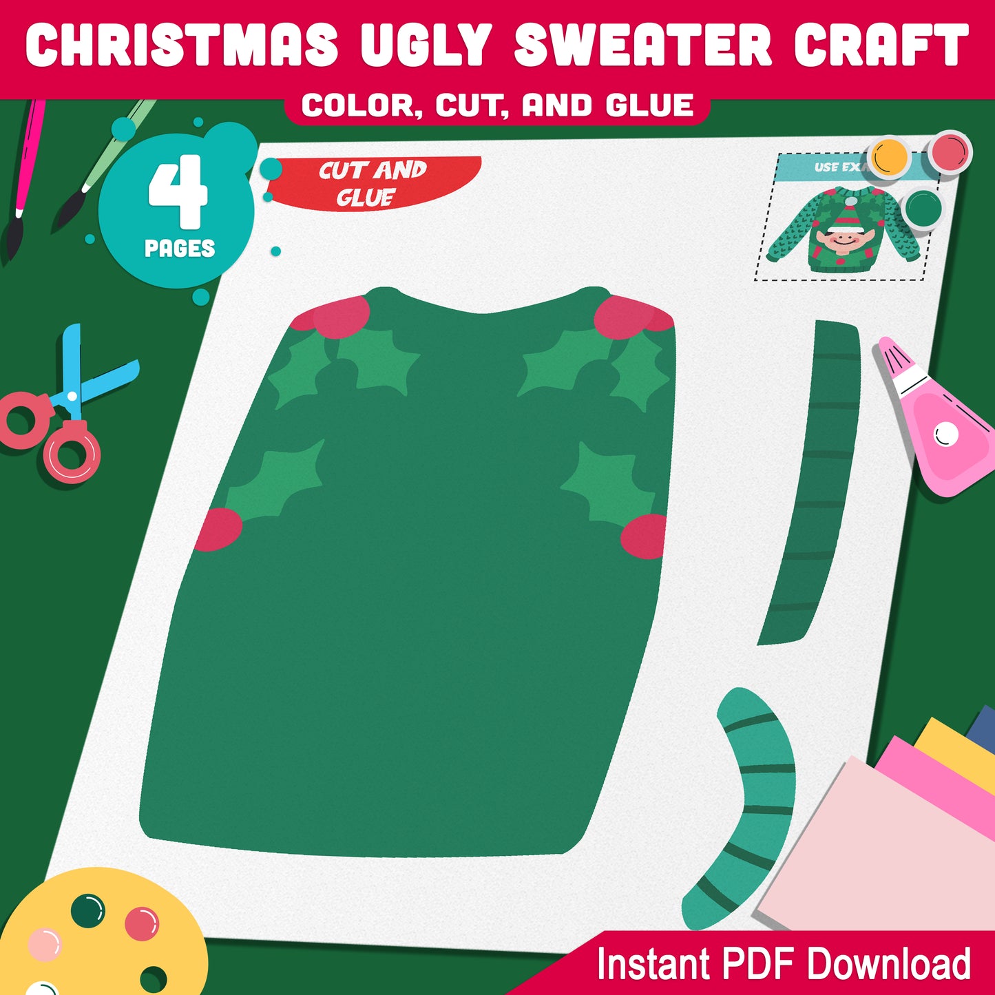 Holiday Ugly Sweater Craft for Kids: Creative Christmas Template for PreK to 2nd Grade, Fun Color, Cut, and Glue PDF Activity, Instant Download