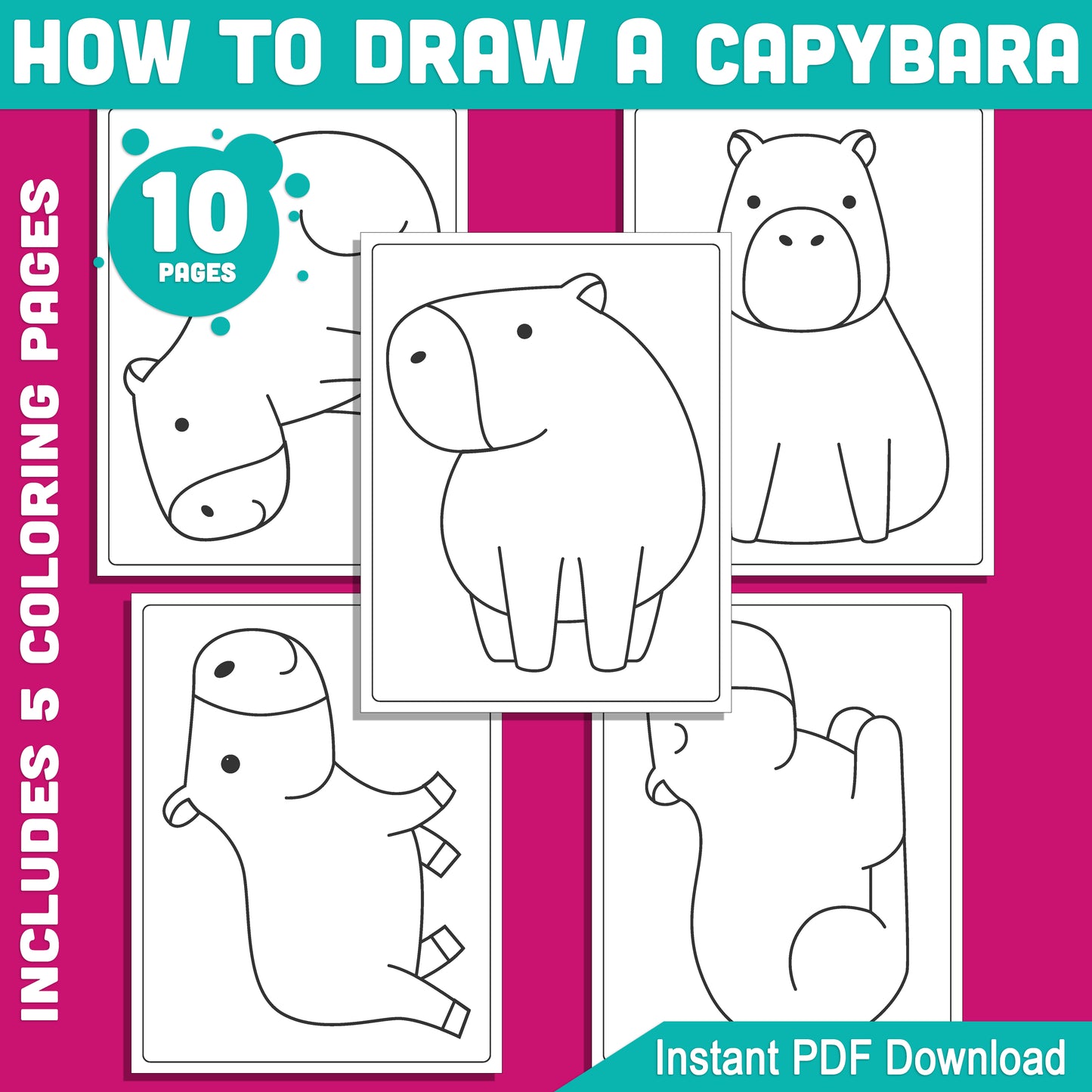 Capybara Drawing Tutorial for Kids: 5-Page Step-by-Step Guide with Fun Coloring Pages, PDF Instant Download, Perfect for Young Artists and Beginners