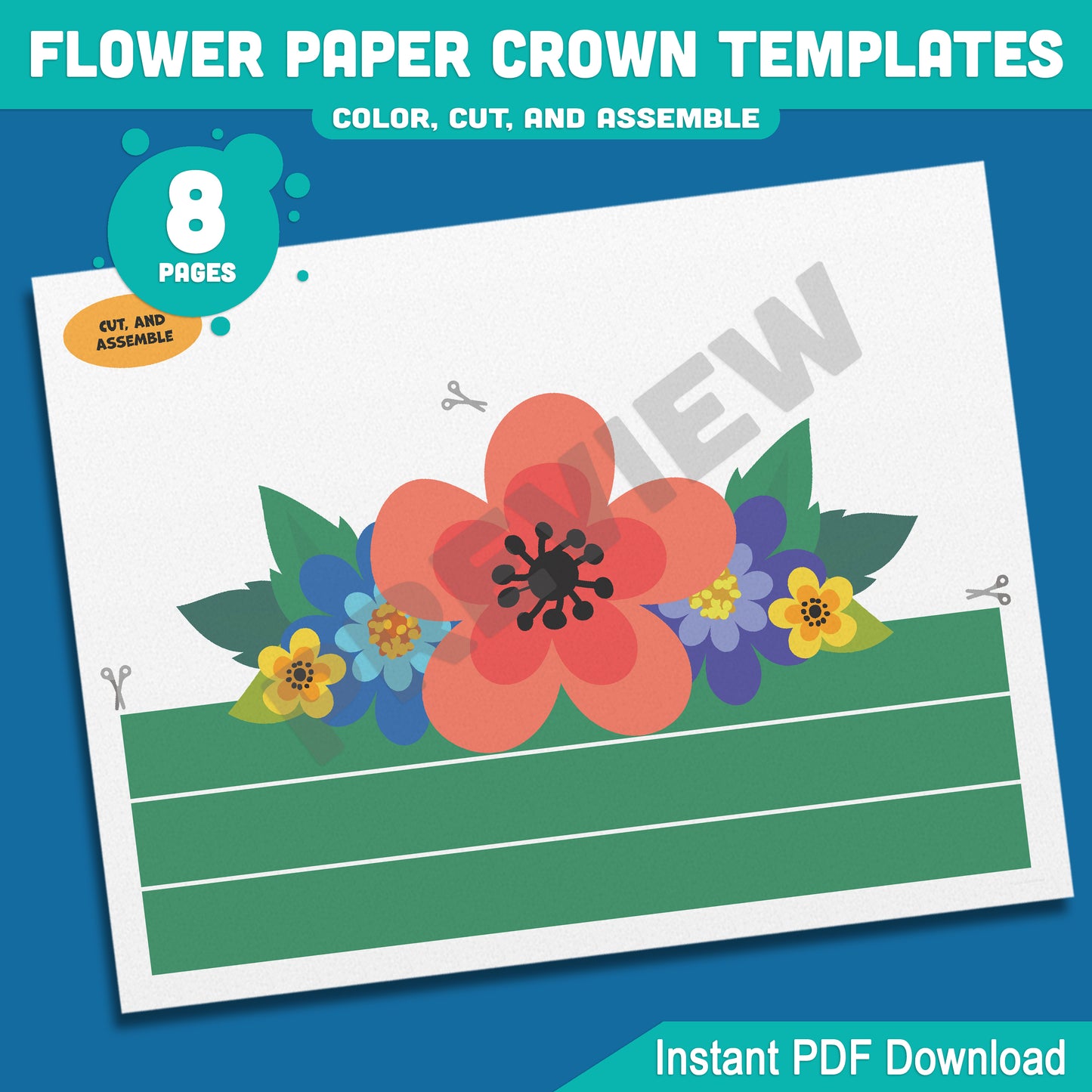 Spring Flower Paper Crown Templates: 4 Cute Hat Designs for Kids in Color and Black & White, Fun Printable Headbands, 8 Pages PDF