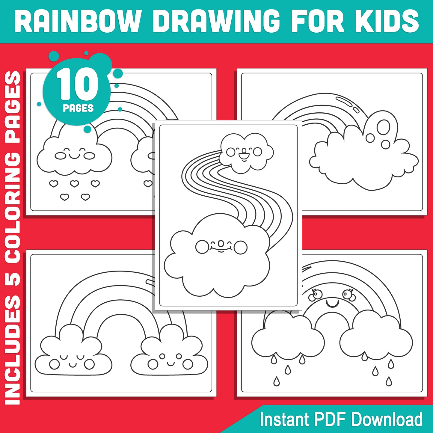 Easy Rainbow Drawing for Kids: 5 Pages Step-by-Step Tutorial + 5 Coloring Pages for Spring Projects, Engaging Art Activity, PDF Instant Download