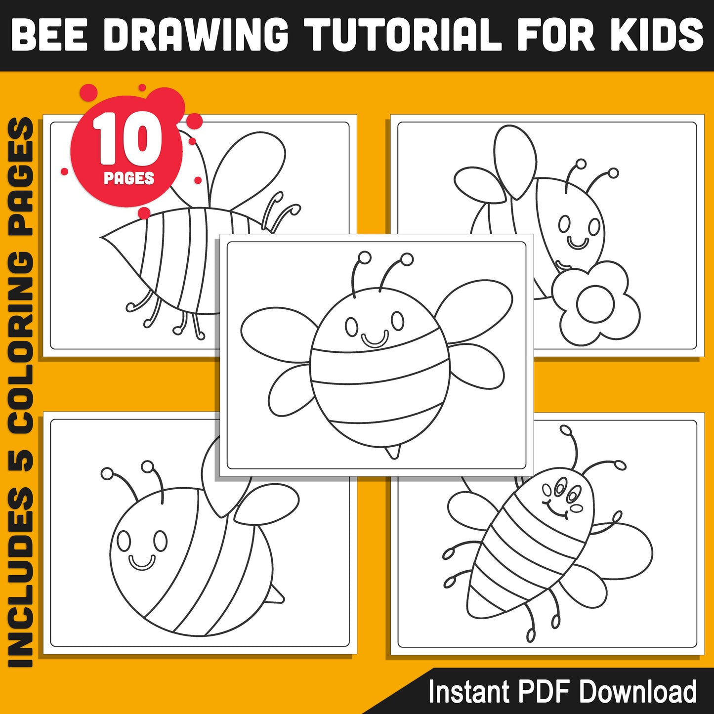 How to Draw a Bee for Kids: Step-by-Step Tutorial and Coloring Pages, Fun and Easy Spring Activity for Preschool and Kindergarten, PDF Download