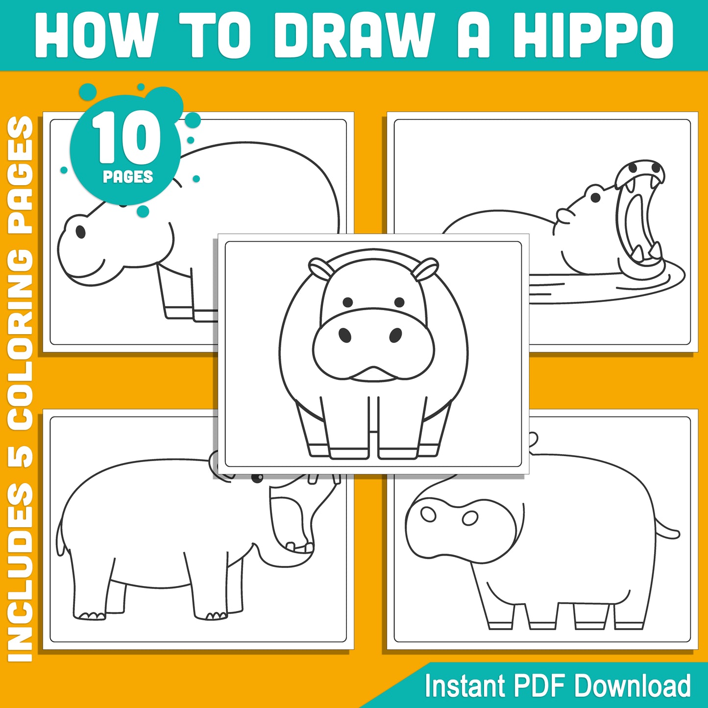 Hippo Drawing for Kids: 5-Page Step-by-Step Tutorial with Bonus Coloring Pages – Easy PDF Download