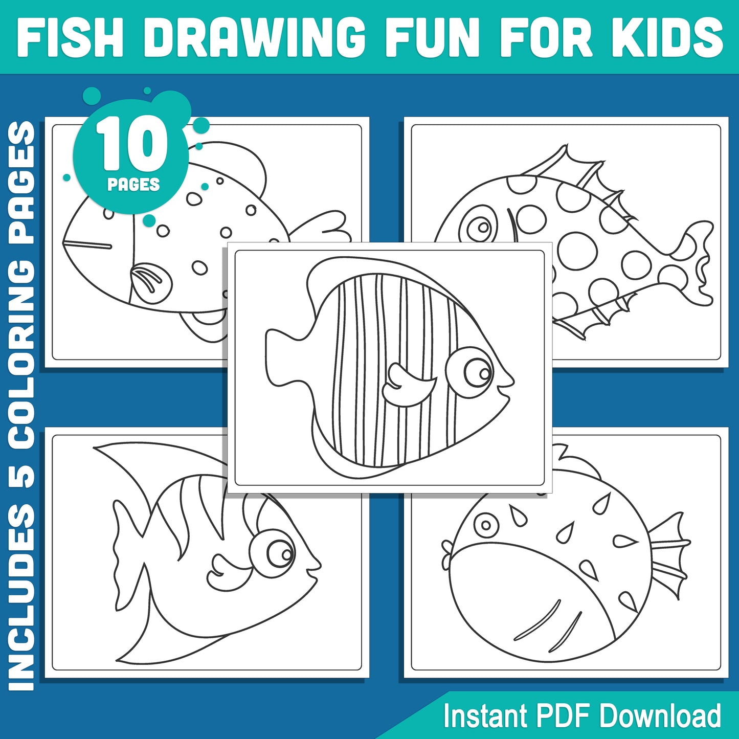 Fish Drawing Made Easy for Kids: Step-by-Step 5-Page Tutorial + 5 Coloring Pages, Creative Art Project for Classroom or Home, Instant PDF Download