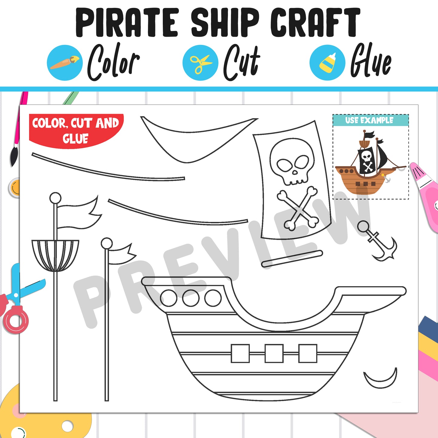 Pirate Ship Craft: Color, Cut, and Glue, a Fun Activity for PreK to 2nd Grade, PDF Instant Download