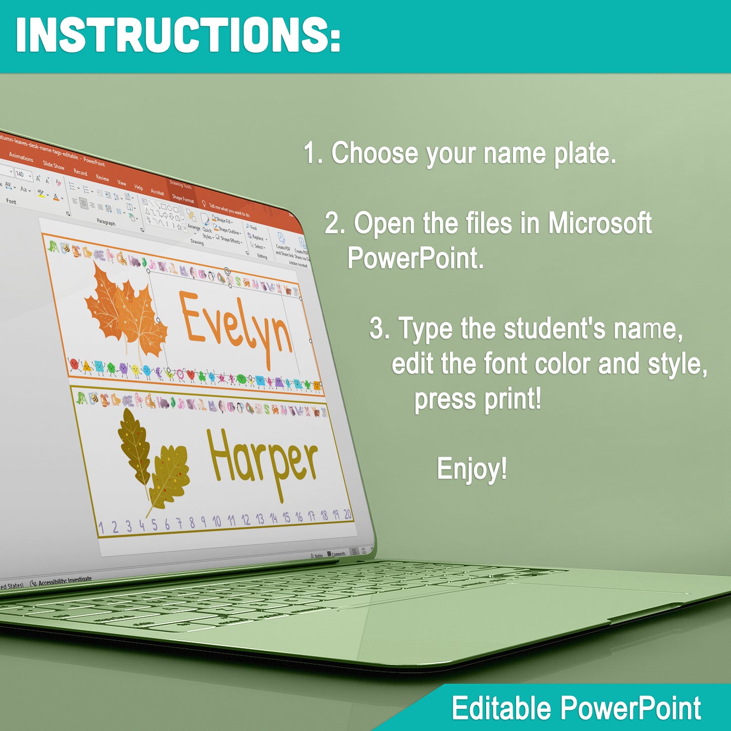 Autumn Leaves Editable Desk Name Tags for Students: 30 Fall-Themed Designs with Alphabet, Shapes, Numbers 1-20, 10"x3.25", 2 Per Page, PowerPoint Template