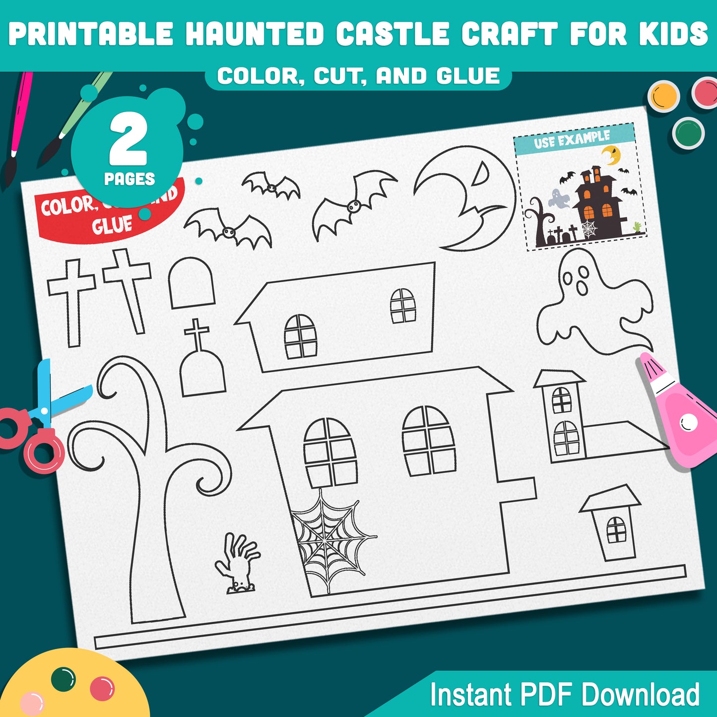 Printable Haunted Castle Paper Craft for Kids, October Halloween Classroom Activity, Easy Cut and Glue Craft for Preschool, Pre-K, Kindergarten