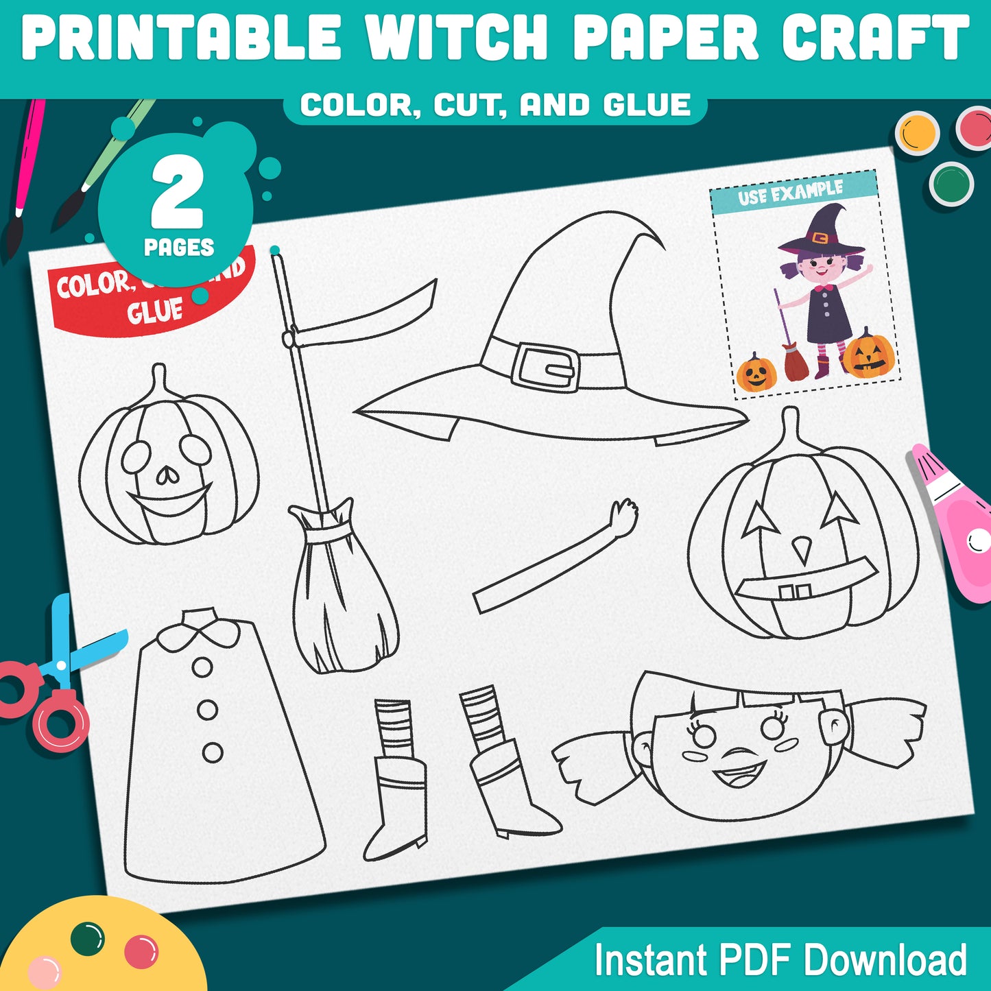Printable Witch Paper Crafts for Halloween, Fun Kids Craft for Preschool Pre-K Kindergarten, Fall Bulletin Board, Color Cut and Glue Activity PDF