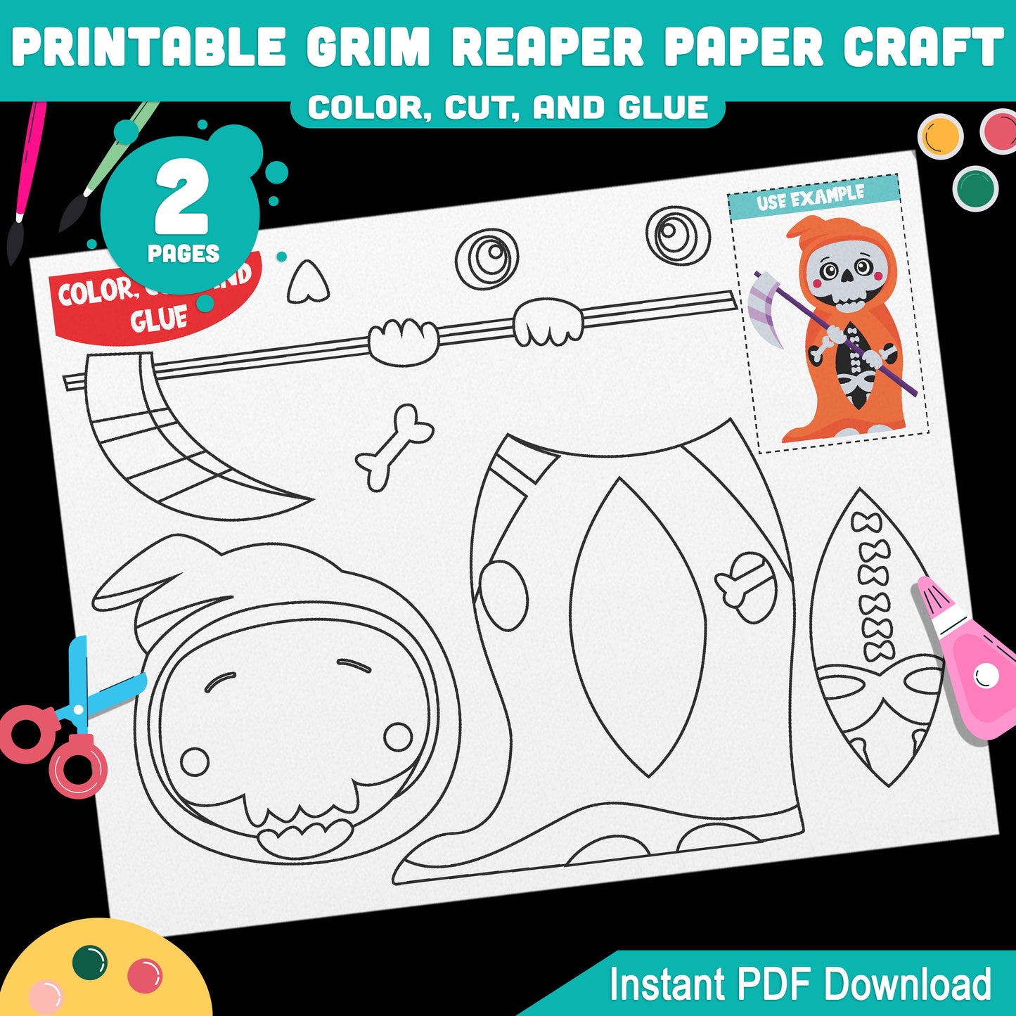 Printable Grim Reaper Paper Craft for Kids, Easy Halloween Cut and Glue Project, Preschool, Pre-K, Kindergarten, Fall Classroom Craft, 2 Pages PDF Download