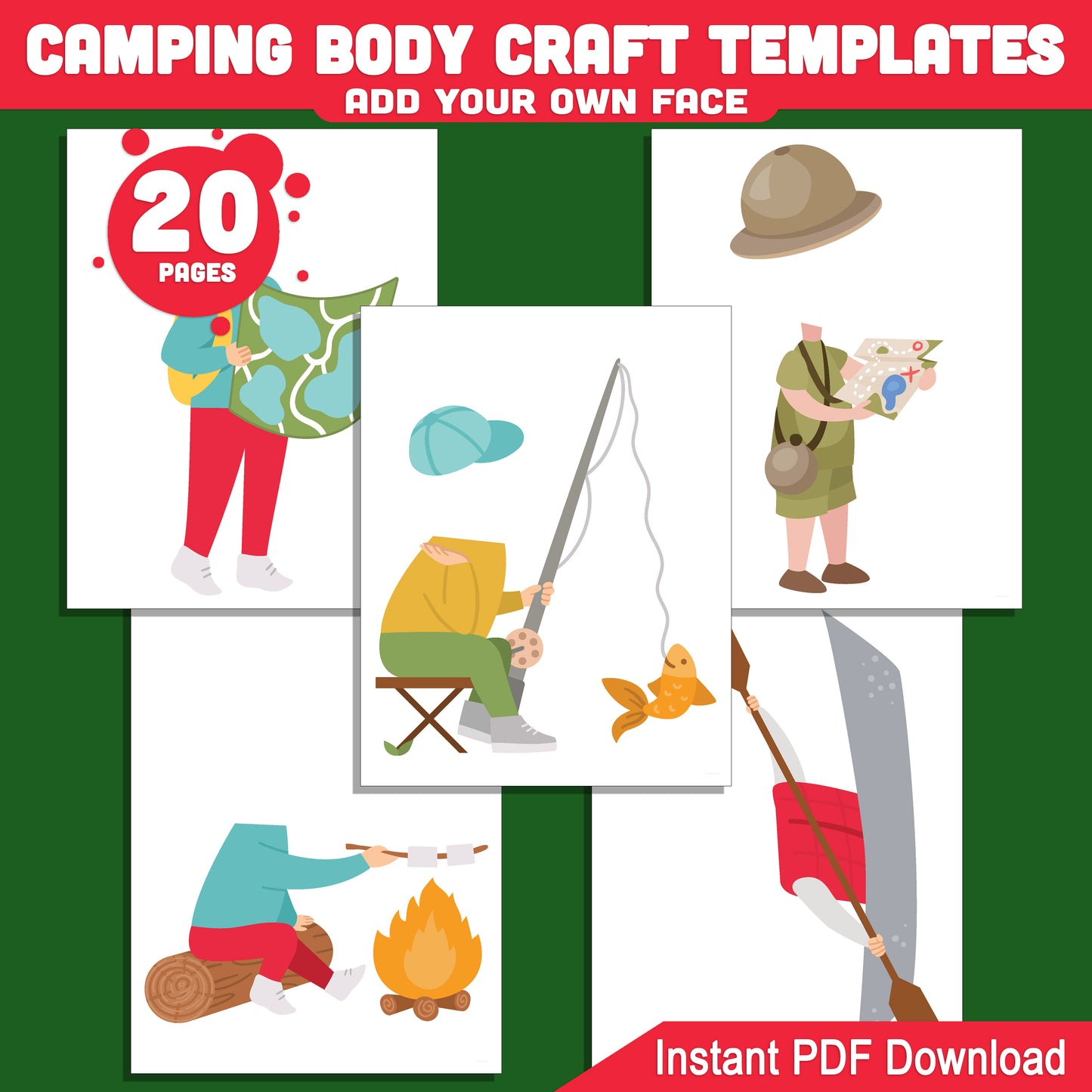 Camping Body Craft Template for Kids with Body Clipart – 40 Page Cut and Paste Activity, Add Your Face, Instant PDF, Dark Skin Tone Included