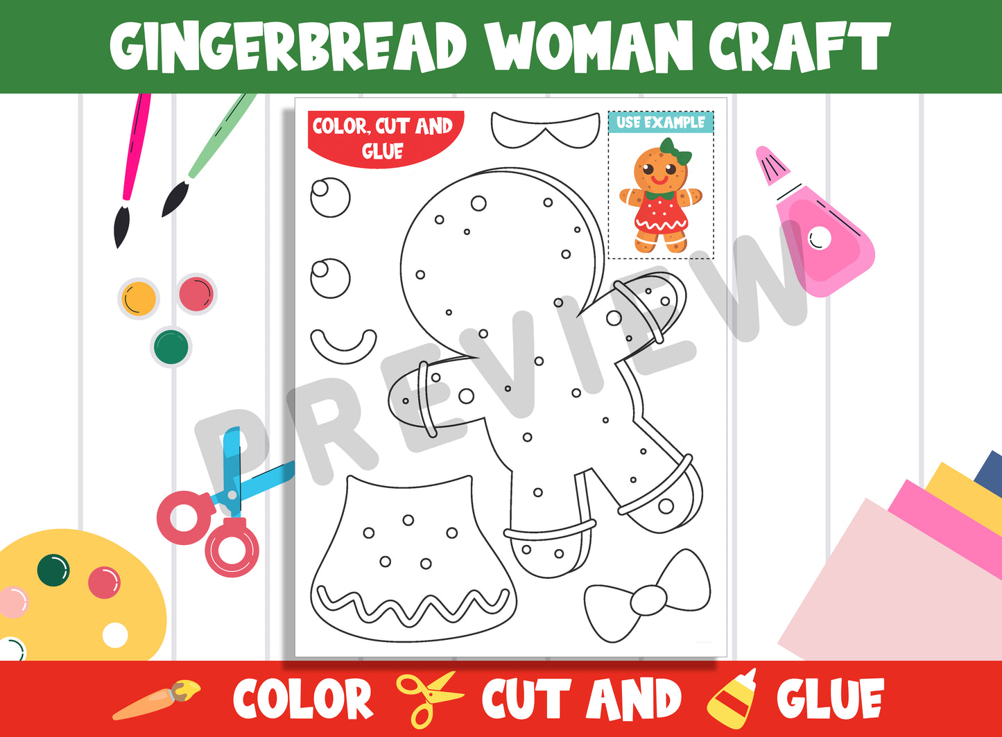Gingerbread Woman Craft Activity for Kids: Color, Cut, and Glue, PDF File, Instant Download