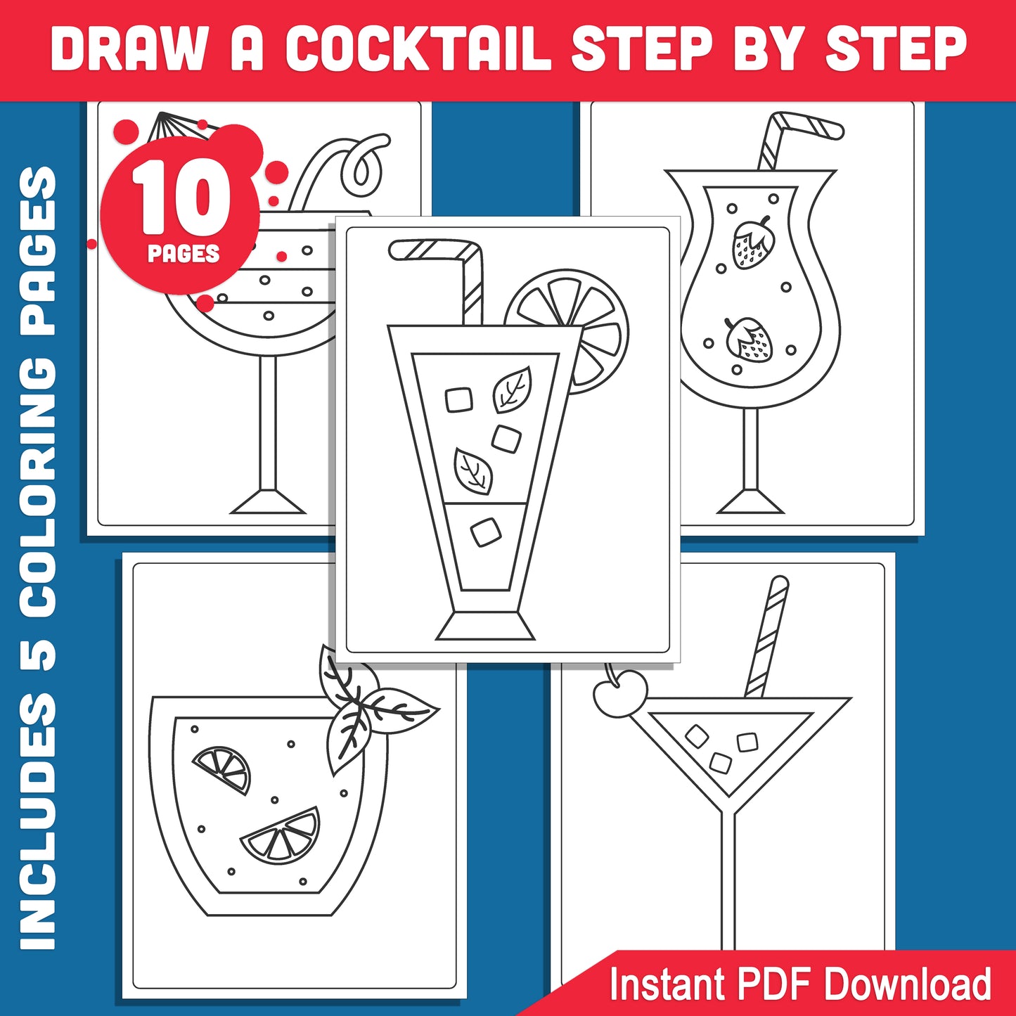 How to Draw a Tropical Summer Cocktail for Kids: 6-Step Drawing Guide with 5 Coloring Pages, Engaging Art & Coloring Fun, Easy Printable PDF Download