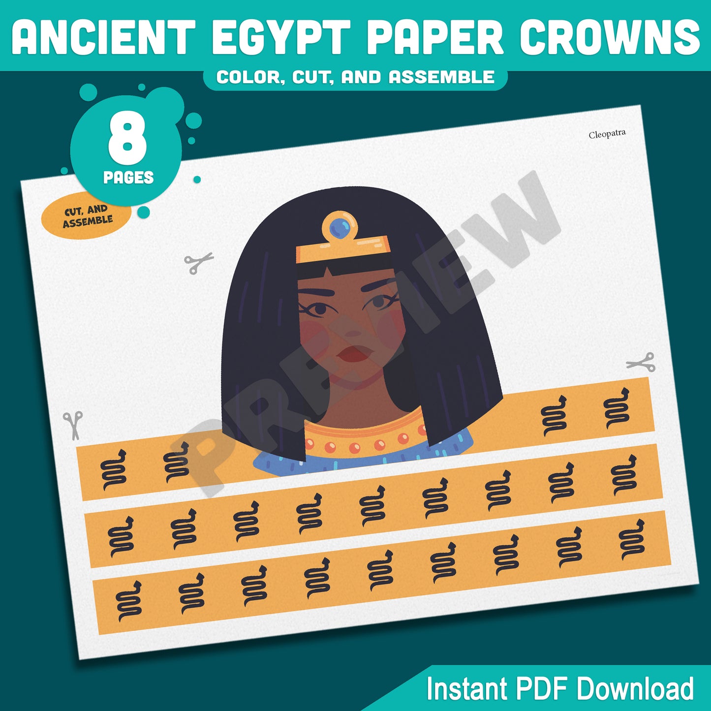 Ancient Egypt Crown Templates – Fun Printable Kids Craft with Pharaoh, Cleopatra, Anubis & Thoth Designs, Easy DIY Headbands, PDF Instant