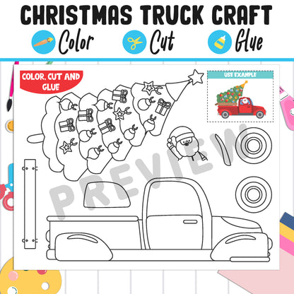 Retro Christmas Truck Craft Activity - Color, Cut, and Glue for PreK to 2nd Grade, PDF File, Instant Download