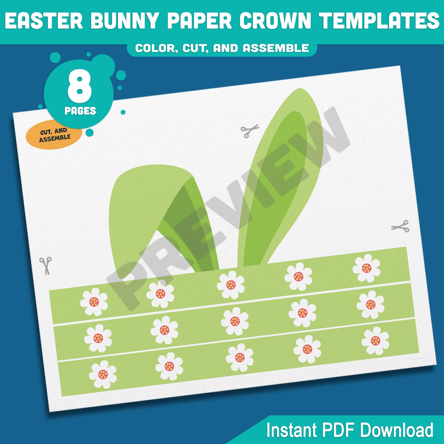 Easter Bunny Hat Paper Crown Templates, 8-Page Printable Rabbit Ears Headband for Kids, 4 Cute Designs in Color & Black and White, Fun Spring Craft for Easter Celebrations, Instant PDF Download.