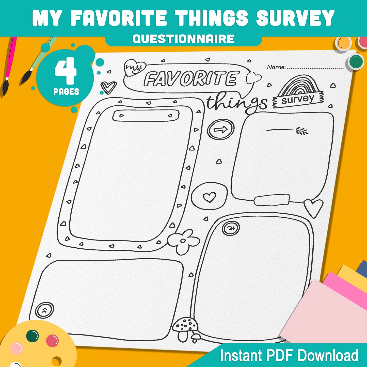Fun My Favorite Things Questionnaire: 2 Creative Designs, 4 Pages with Fillable & Customizable Sections, Perfect for All Ages, PDF Download!