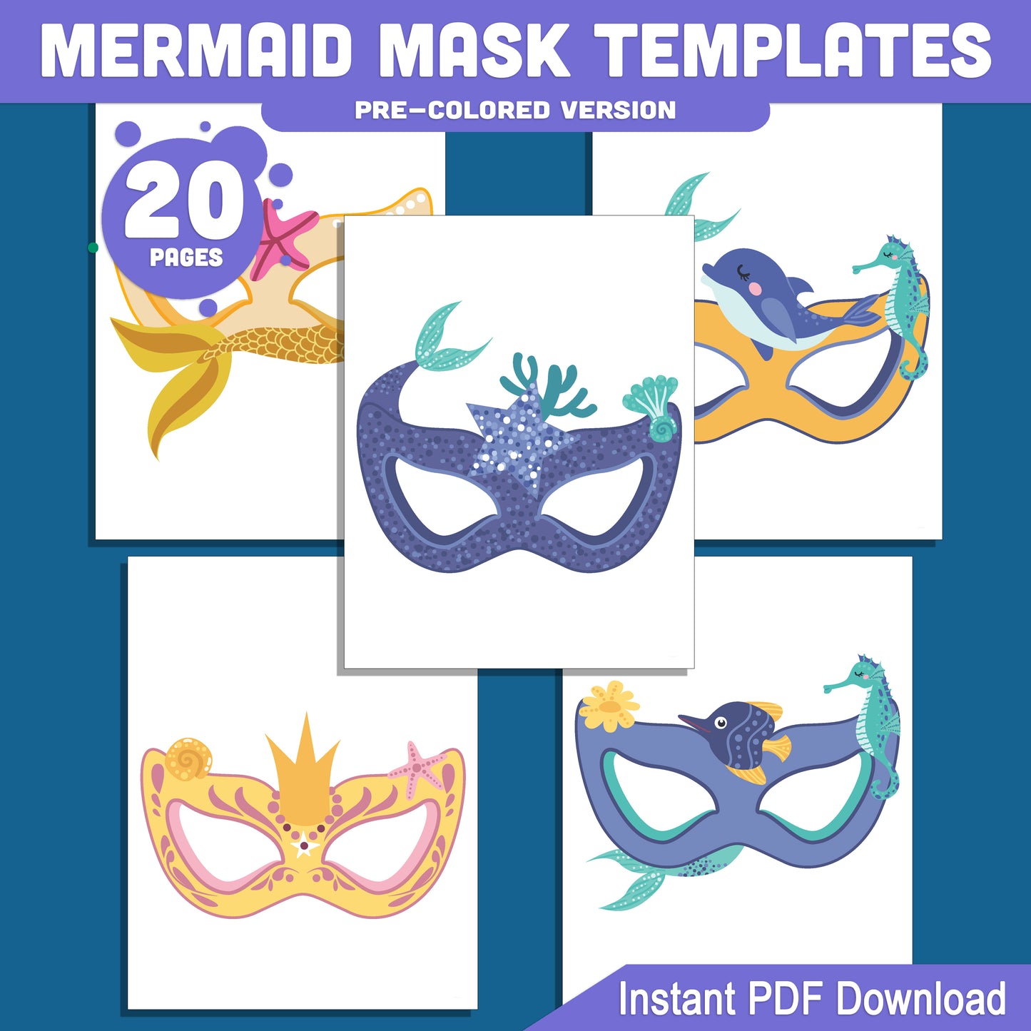 DIY Mermaid Mask Templates: 20 Printable Pages for Kids, Pre-Colored & Black-and-White, Fun for Birthdays, Costumes, and Dress-Up Play, Instant PDF Download