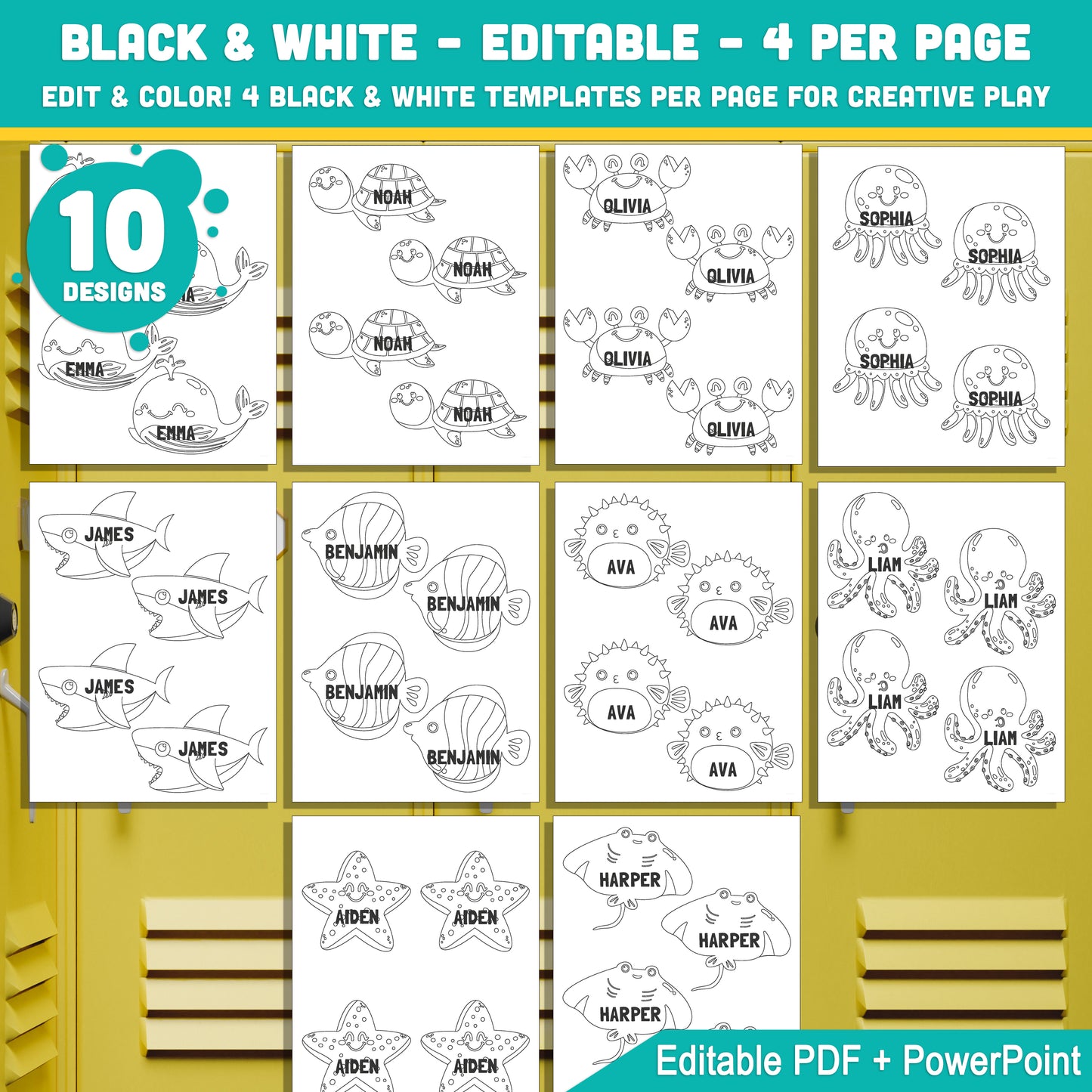 Back to School Editable Locker Labels (Cubby Name Tags), Sea Animal Themed – 4 Per Page, PDF + PowerPoint, 40 Pages of Fun