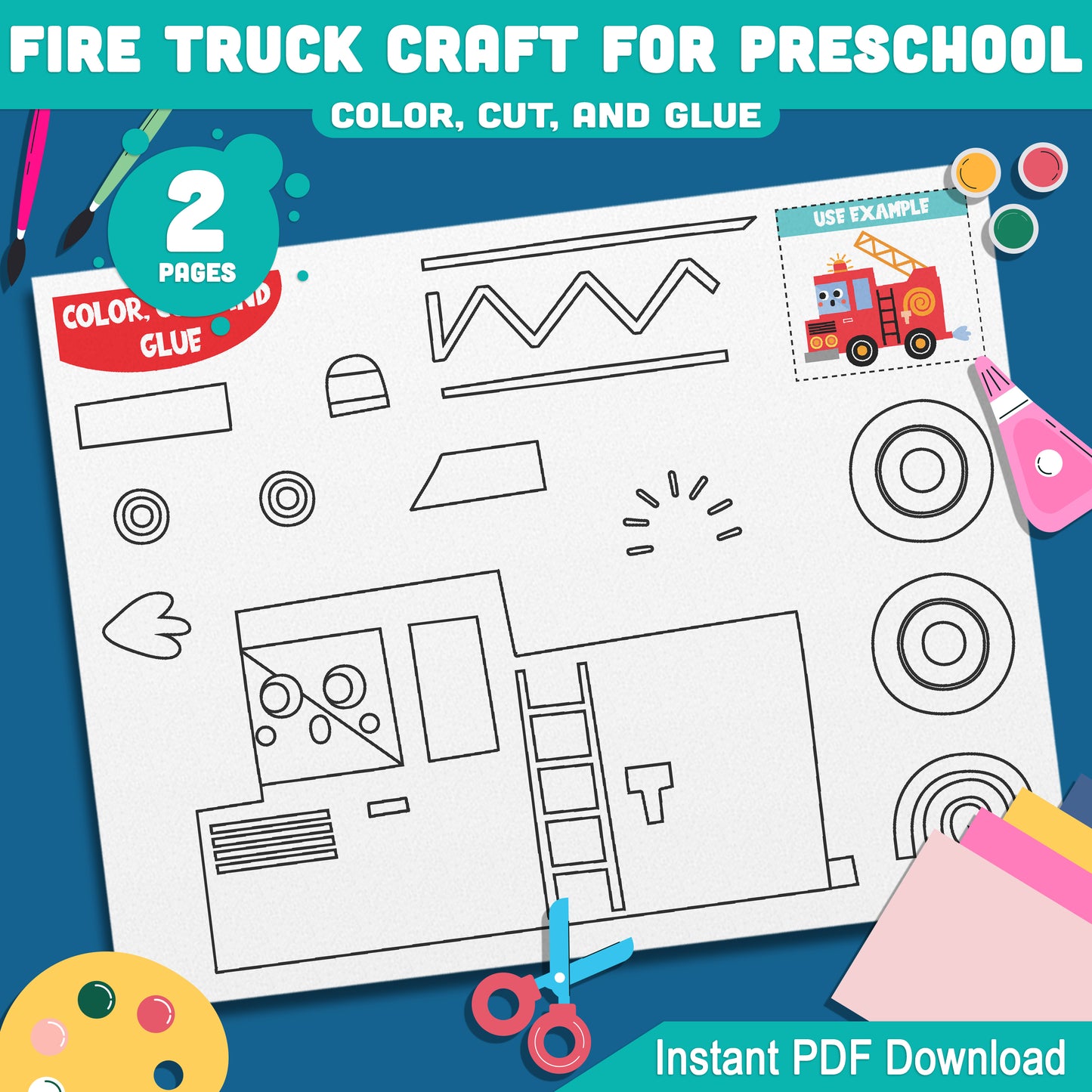 DIY Fire Truck Craft for Kids: Creative Color, Cut, and Glue Activity for Preschool, Great for Home or Classroom Art Projects, PDF Instant Download