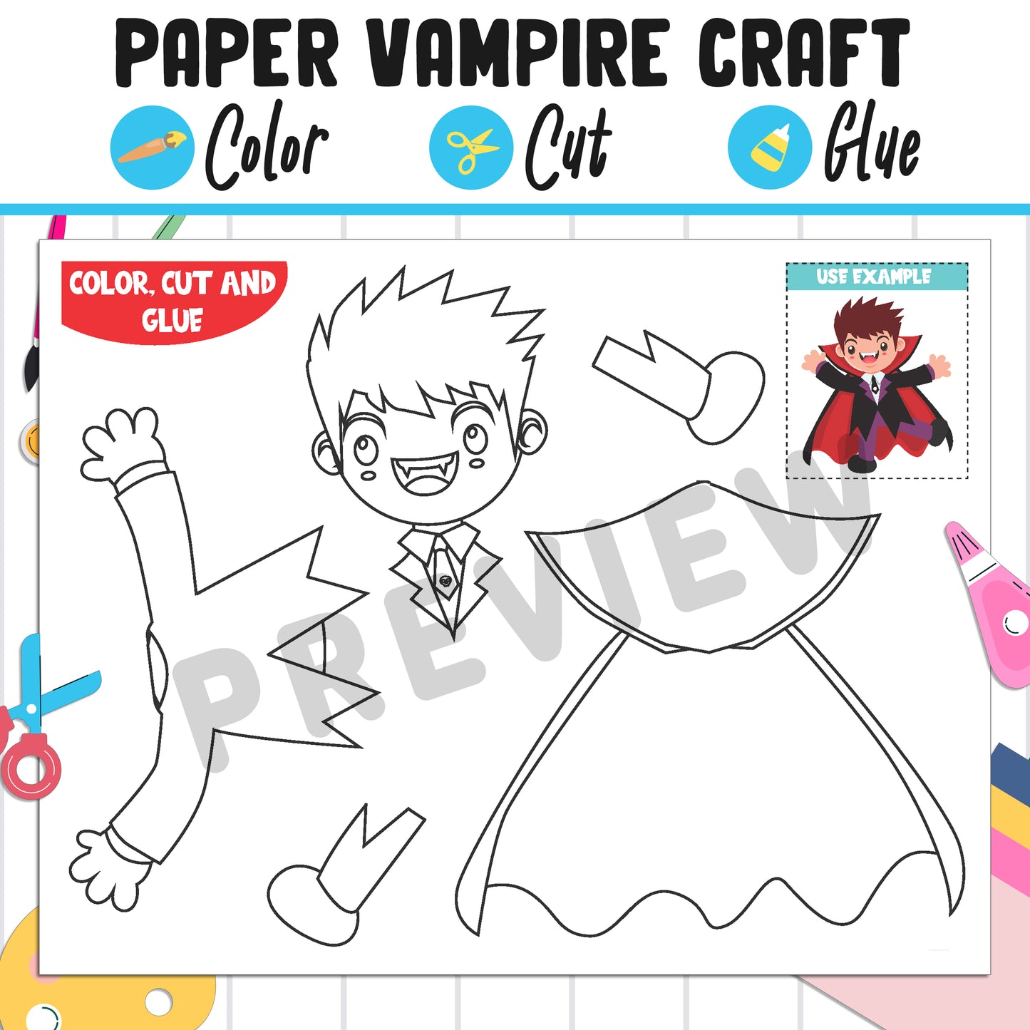 Paper Vampire Craft for Kids: Color, Cut, and Glue, a Fun Activity for Pre K to 2nd Grade, PDF Instant Download