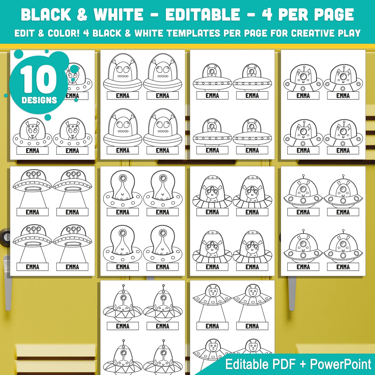 Editable Locker Labels (Cubby Name Tags), Cute Alien UFO Themed, 10 Designs, Classroom Name Tags, PDF + PowerPoint, Instant Download