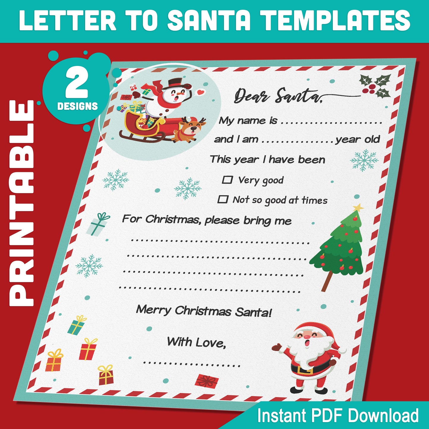Write a Letter to Santa Printable Template: 2 Creative Fill-in-the-Blank Designs for Kids, 8.5x11 Inch, Easy to Print and Use, PDF Download!