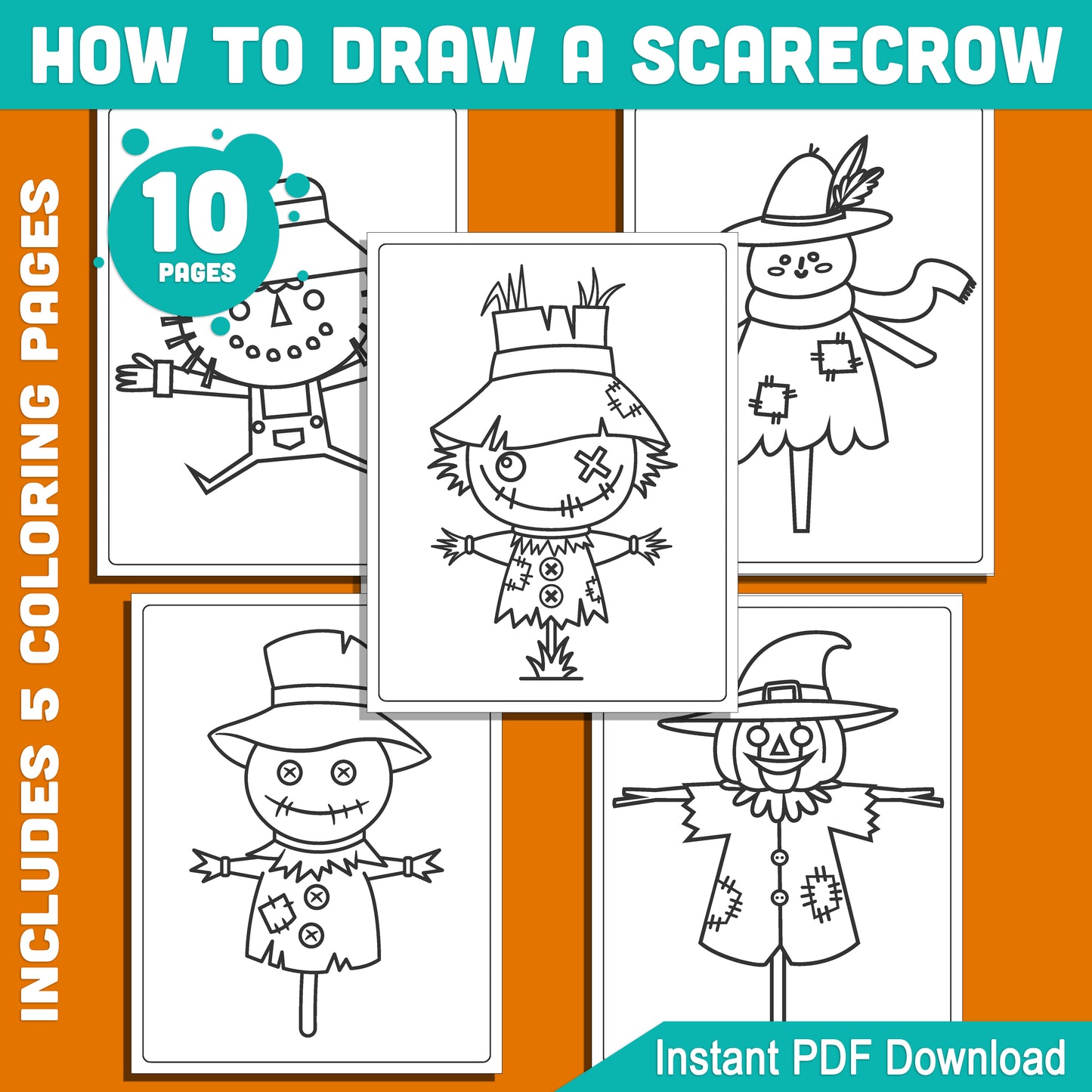 Scarecrow Drawing Tutorial for Kids: 5-Page Directed Drawing Lesson with 5 Halloween Coloring Pages, Great for Fall Activities, PDF Download, Instant Access